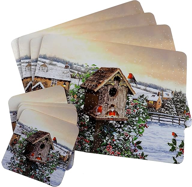 Blue Whale Gifts Robin Family Christmas Dinner Hardback Placemats And Coasters (Set of 4)