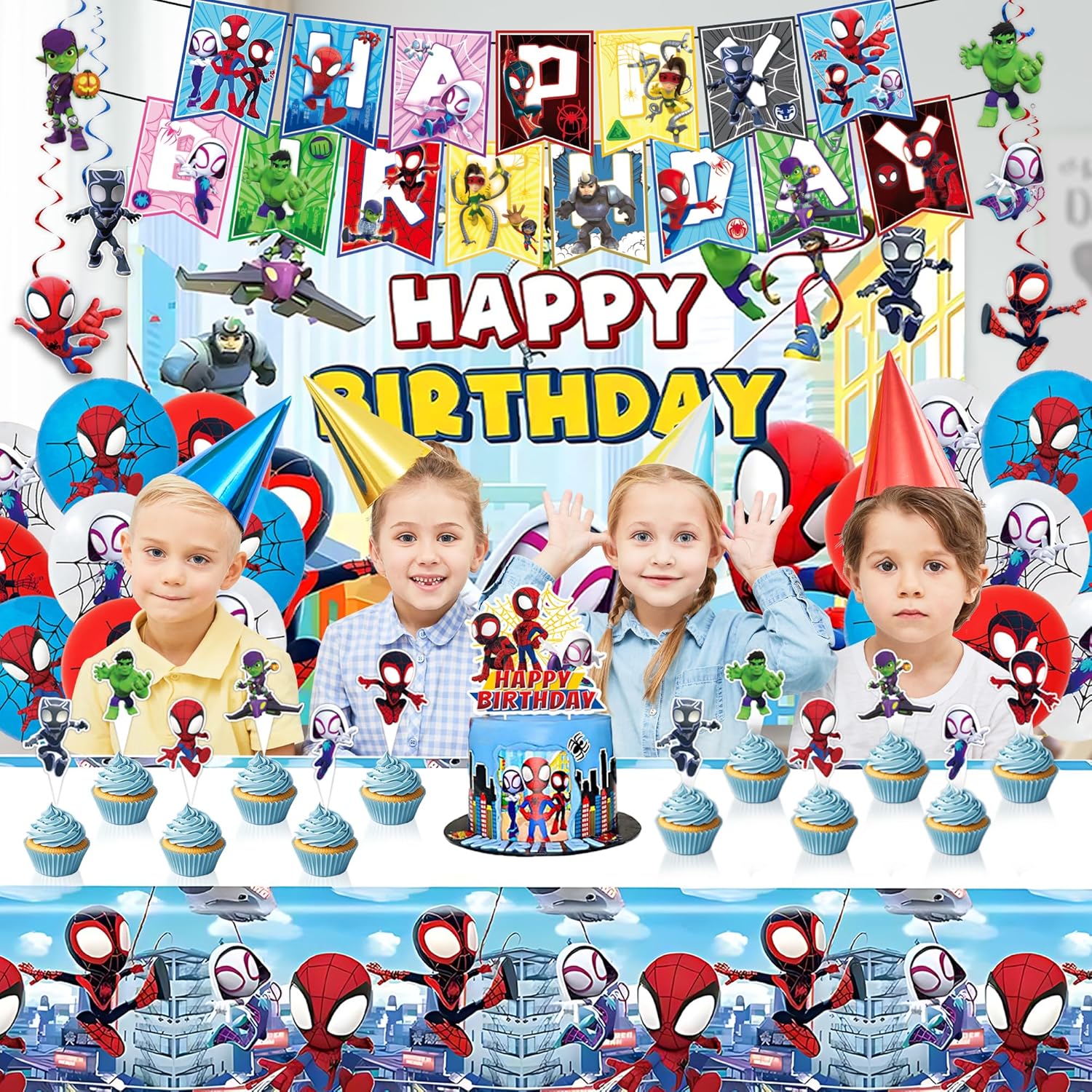 Spdey Party Supplies,Spidy Theme Party Decorations for Kids Boys | Include Happy Birthday Banner,Backdrop,Tablecover,Cake Toppers,Spiral Charms,Latex Balloons