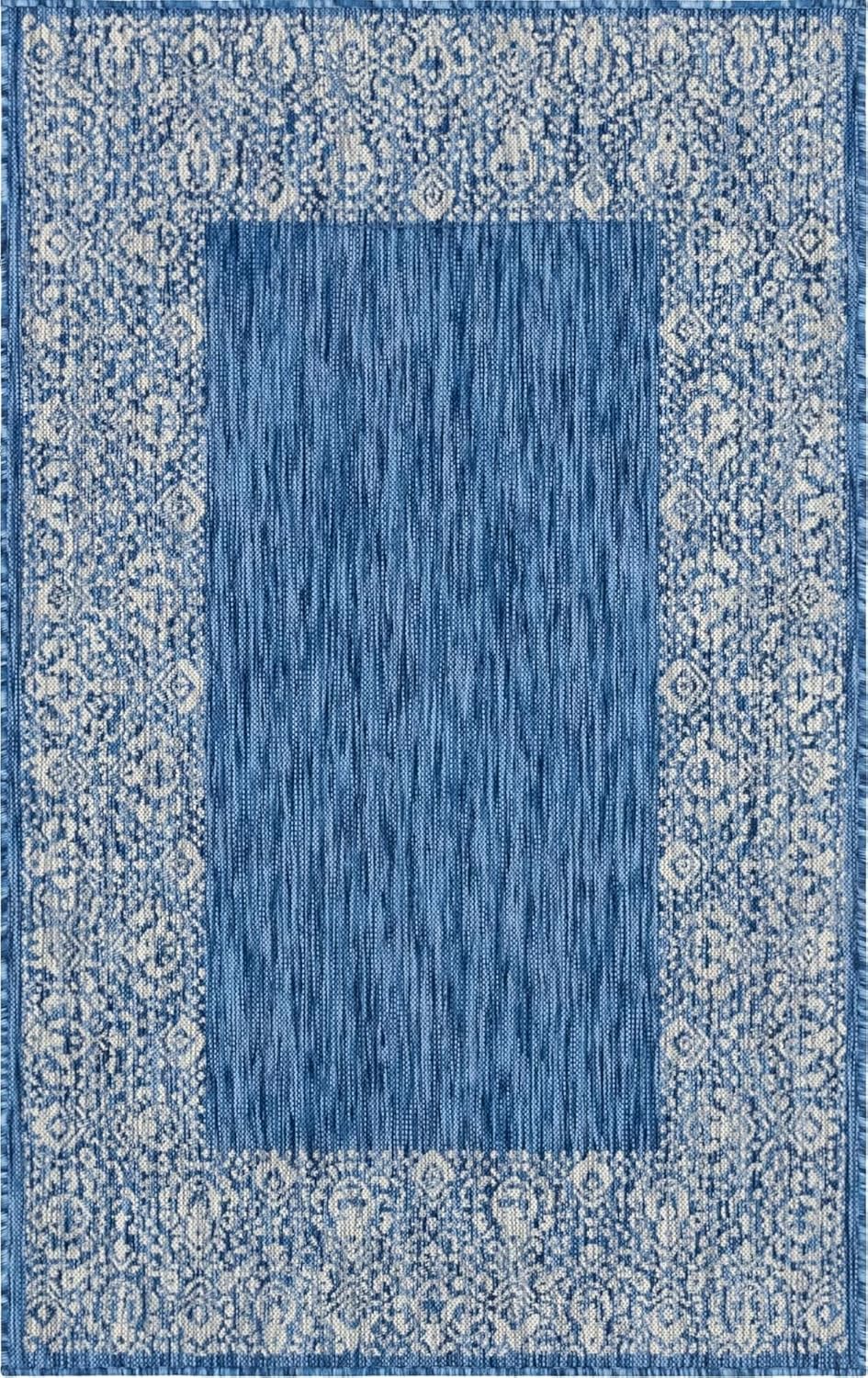 Unique Loom Outdoor Border Collection Area Rug - Floral Border (5' 1" x 8' Rectangle, Blue/ Ivory)
