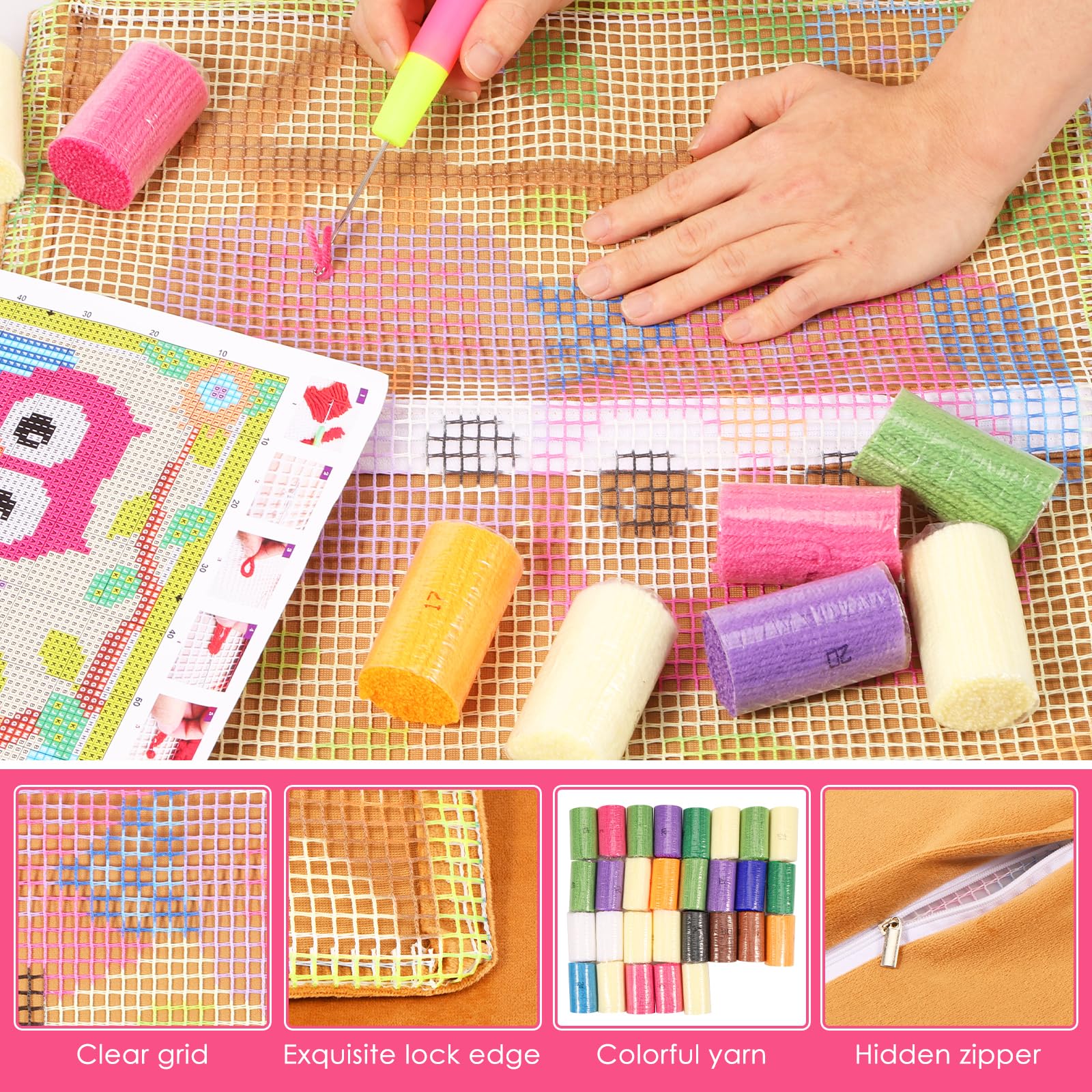 Kit di ganci per cuscini Latch Hook Set di cuscini per bambini o principianti adulti DIY Latch Hook fodera per cuscino tappeto kit di ricamo DIY tappeto annodato pacchetto per decorazione divano casa