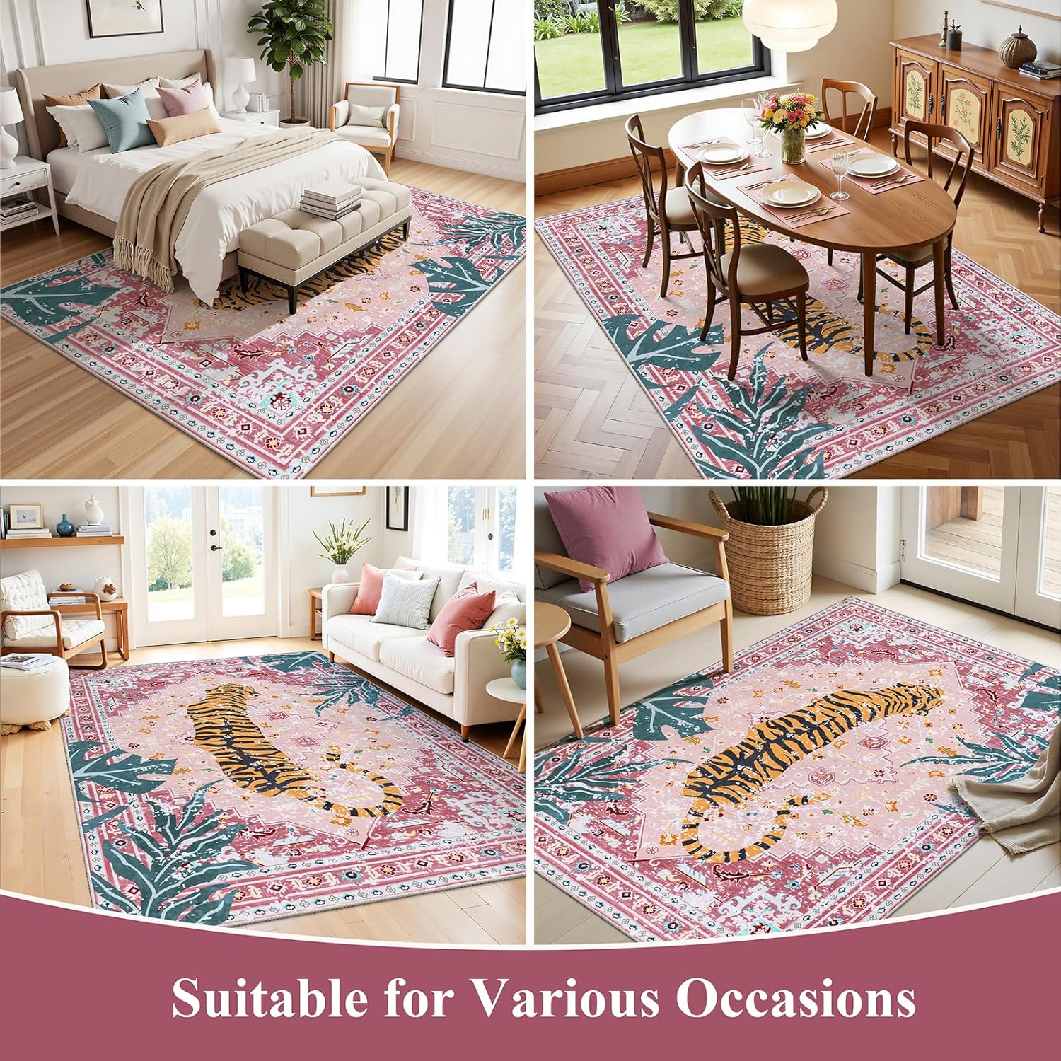 Ileading Vintage Oriental Tropical Jungle Hippie Tiger Area Rug 5x7 Non Slip Carpet for Living Room Pink Soft Low-Pile Thin Machine Washable Accent Floor Mat for Bedroom Dining Nursery