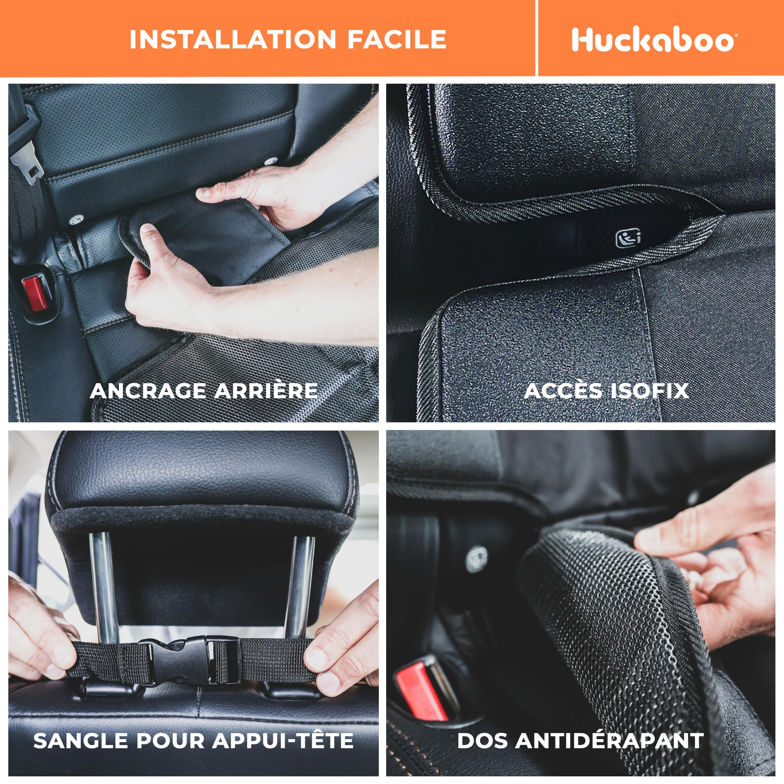 Huckaboo Protection siège Voiture Enfant - Protège siège arrière Voiture, Rembourré, Noir, Lot de 2
