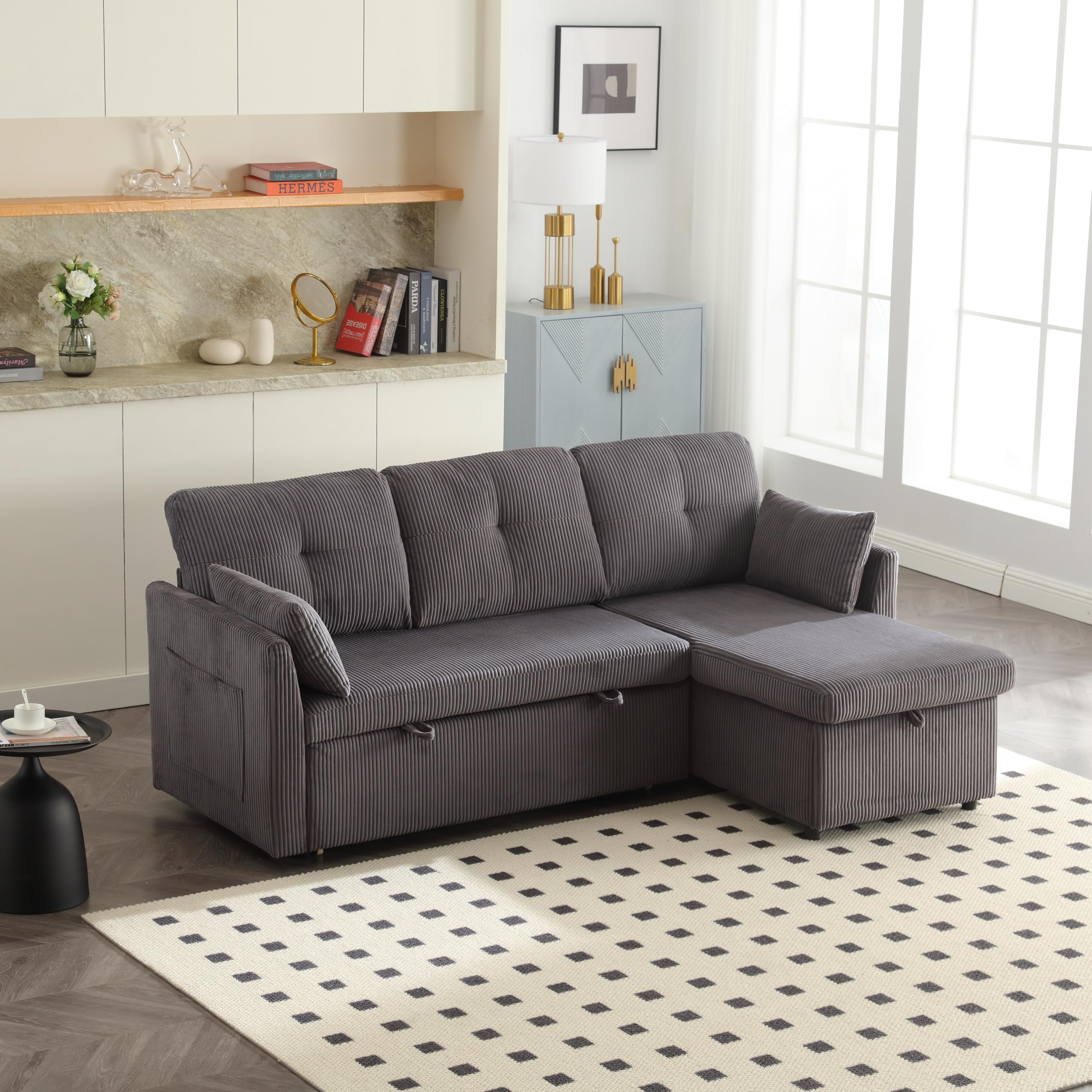 Ball & Cast 206 cm L-Shaped Modular Sectional Sofa with Movable Ottoman,Set of Deep Seat Boneless Couch with Chaise Lounge, Sofa Bed for Living Room Bedroom – No Assembly Required, Grey