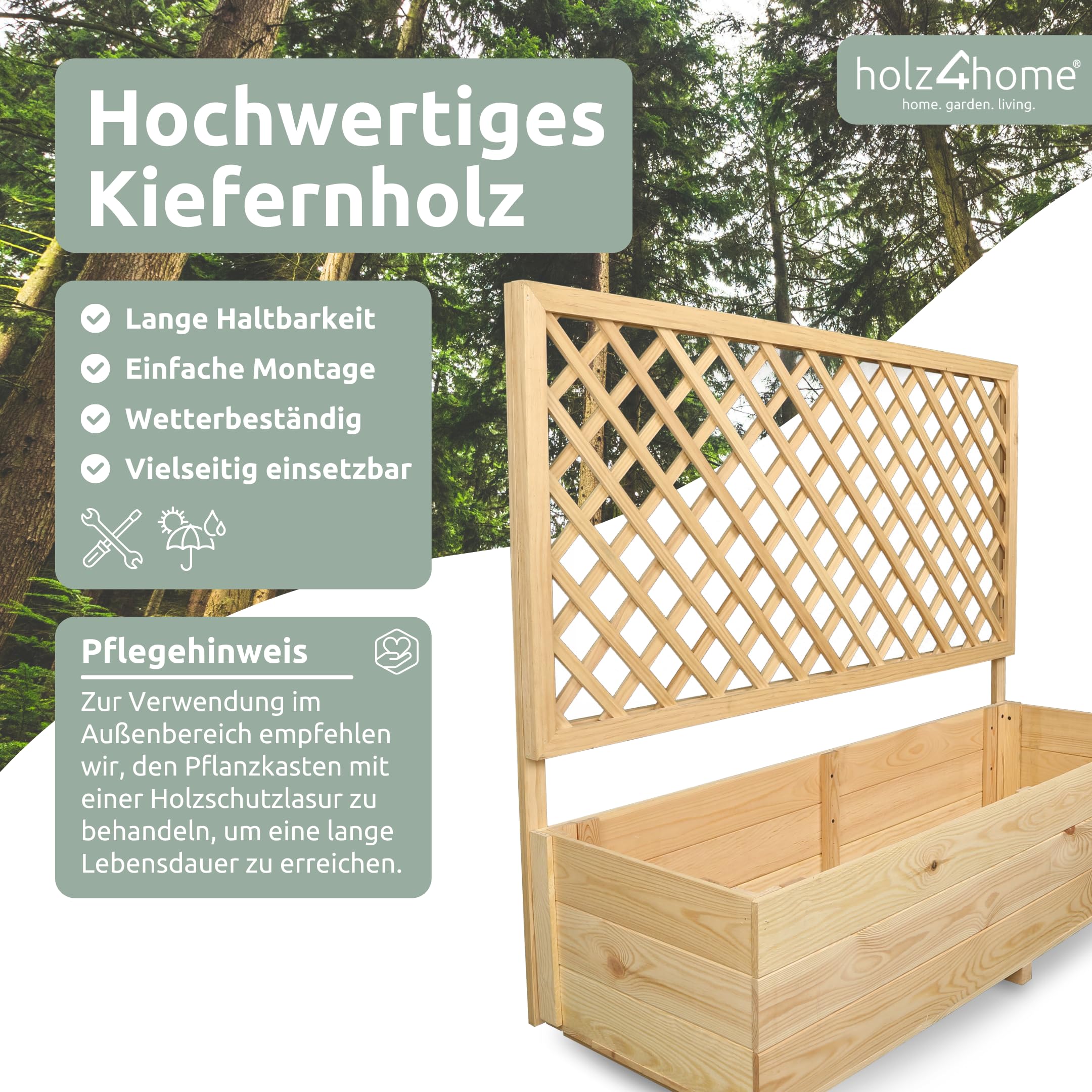 holz4home® Pflanzkasten mit Rankgitter XL aus Kiefernholz I 44x128x104 cm I inkl. Gartenhandschuhe & Vlies I Pflanzkübel mit Spalier I Hochbeet für Balkon als Sichtschutz I Blumenkasten