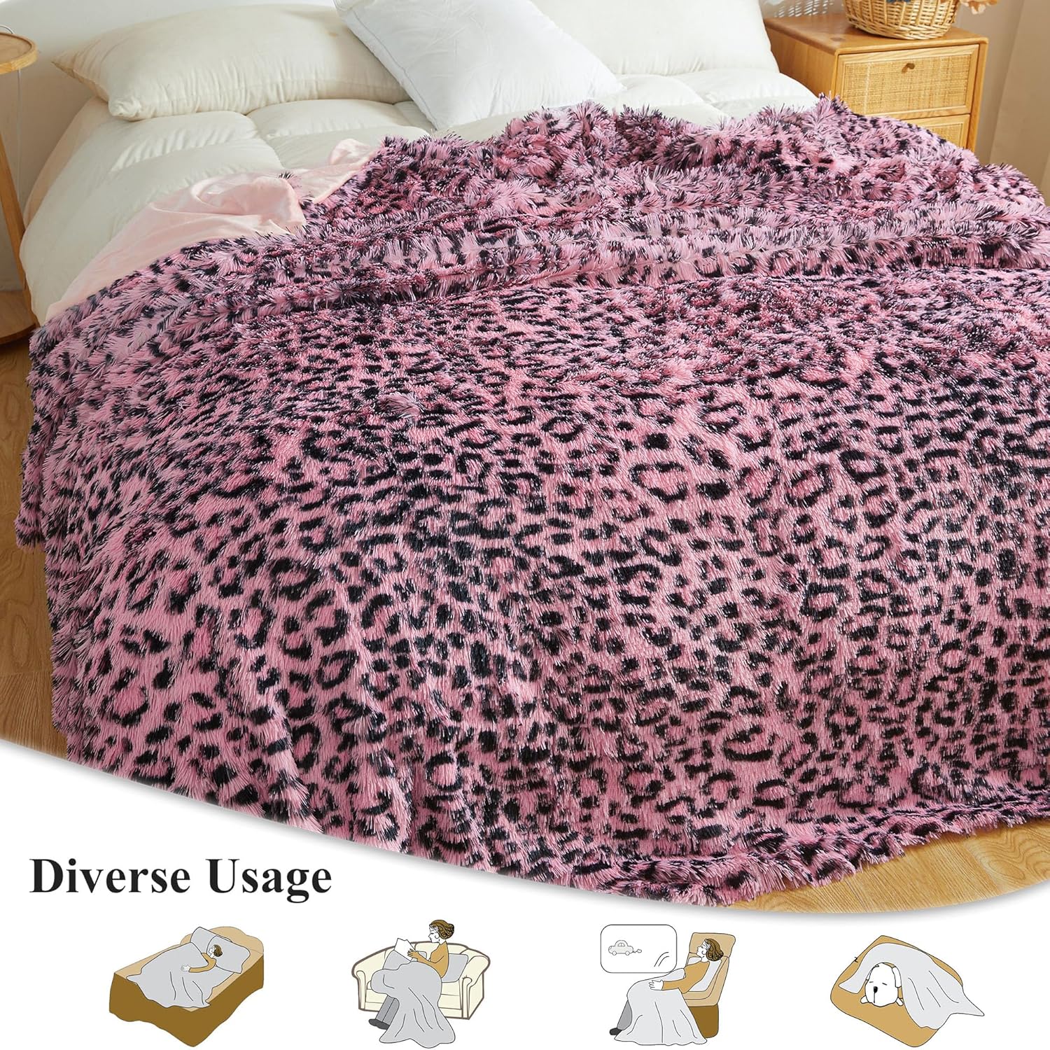 XeGe Luxury Fluffy Faux Fur Cheetah Print Bed Blanket for Kids Adults Couples, Cozy Plush Fuzzy Big Farmhouse King Size Leopard Blanket for Couch Sofa Bedroom Living Room, Pink and Black, 104x90, King