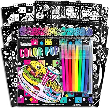 Fashion Angels Color Pop Foodie Poster Portfolio, for Kids Ages 8+ | Includes 12 Perforated Food-Themed Posters & 8 Brush Tip Markers, Coloring Activity Set, Screen-Free Arts & Crafts Gift