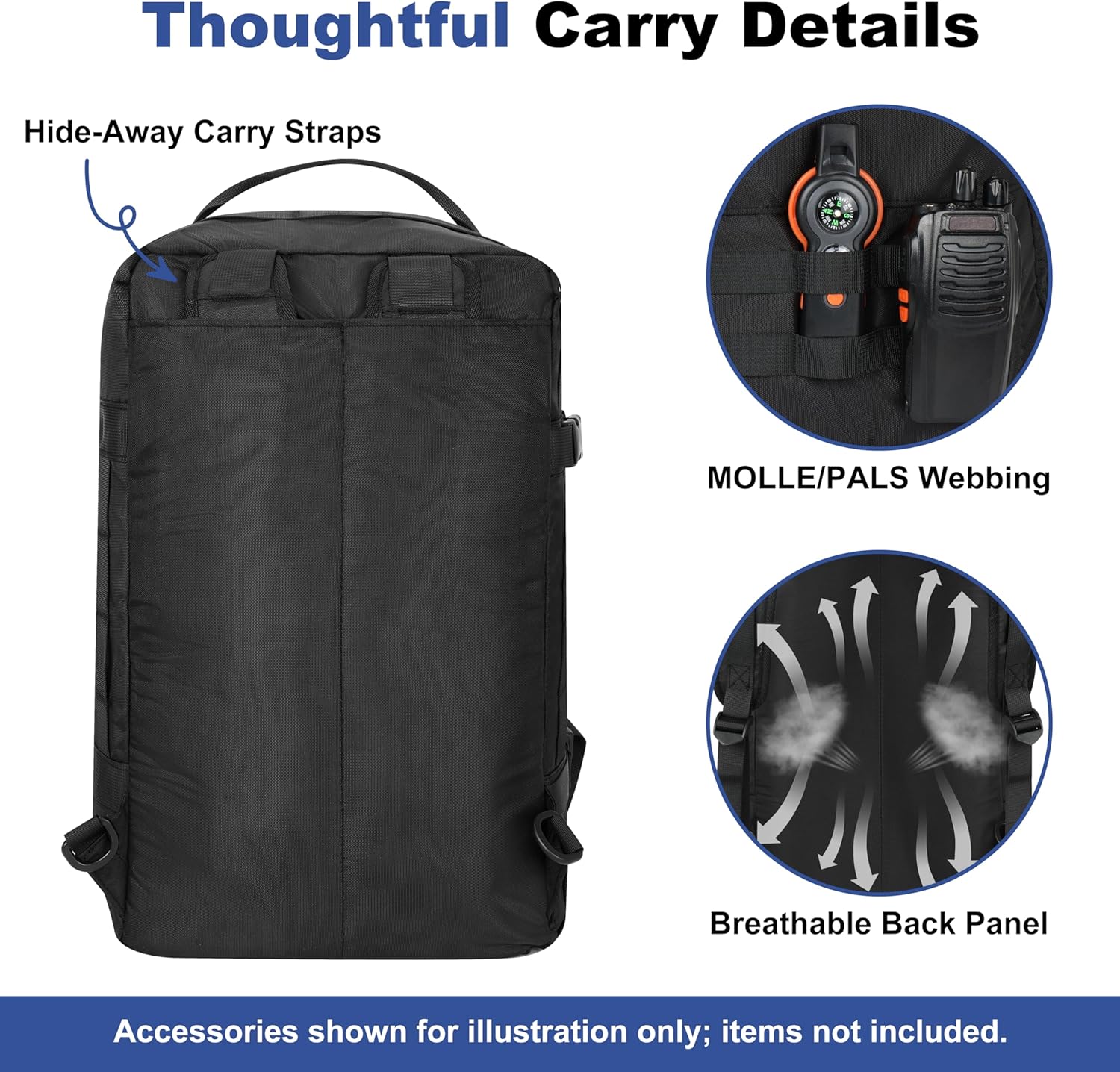 40L Military Tactical Backpack for Men 3 in 1 with MOLLE System Waterproof 600D Black Backpack for Travel Outdoor Sports Camping and Weekend Trips (Black) - Image 5