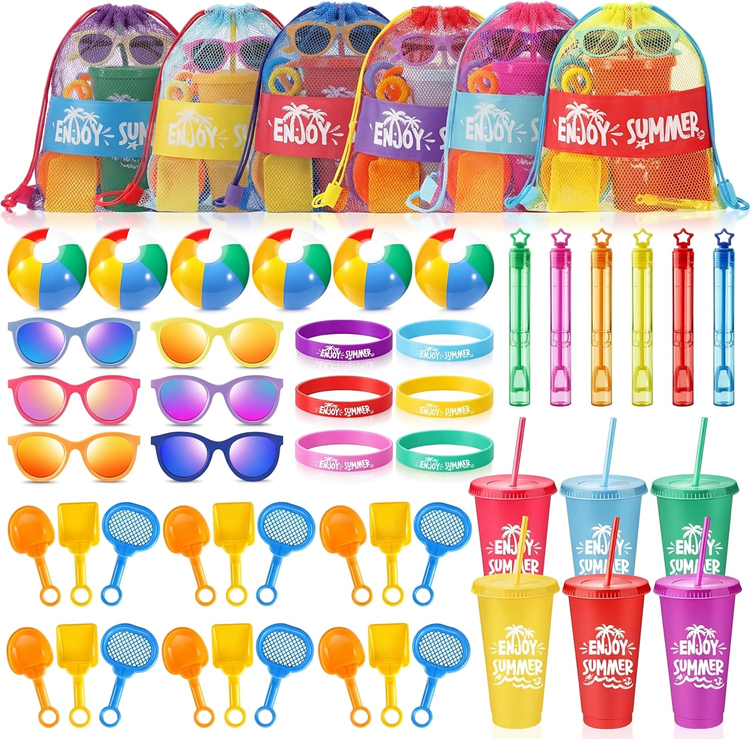 Honeydak 6 Set Beach Party Favors End of Year Gift Summer Pool Mesh Drawstring Bag Tumbler Cups Beach Ball Shovels Bulk for Pool Games Birthday Party Decor Summer Graduation Student Gifts