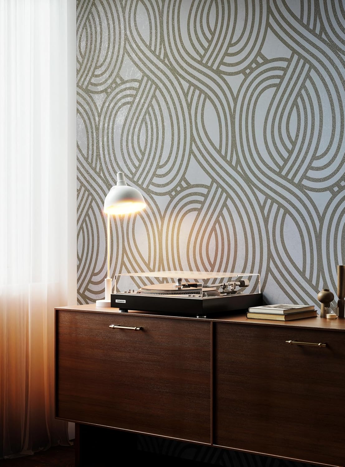 AMINAH DECO Textured Matte Gold Geometric Lines Wallpaper Roll - Abstract Curved Metallic Shimmer Modern Non-Woven, Paste Required, 20.8" x 393" (57 sq ft)