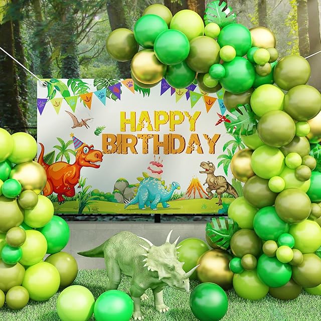Dinosaur Birthday Decorations, Green Balloon Arch Kit with Dinosaur Birthday Backdrop Banner and Palm Leaves, Jungle Latex Balloons Arch Garland Kit for Safari Dino Theme Birthday Party Decorations