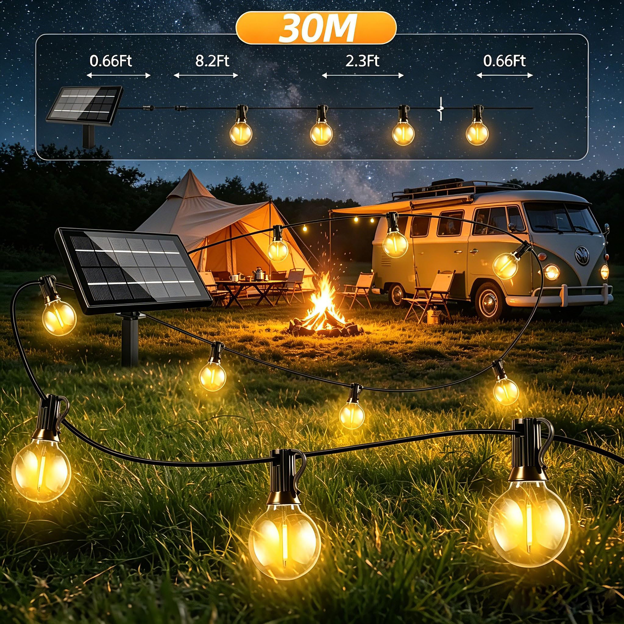 Guirlande lumineuse solaire d'extérieur étanche G40 avec télécommande, minuterie à intensité variable, 3 modes d'éclairage pour porche, cour, jardin, camping