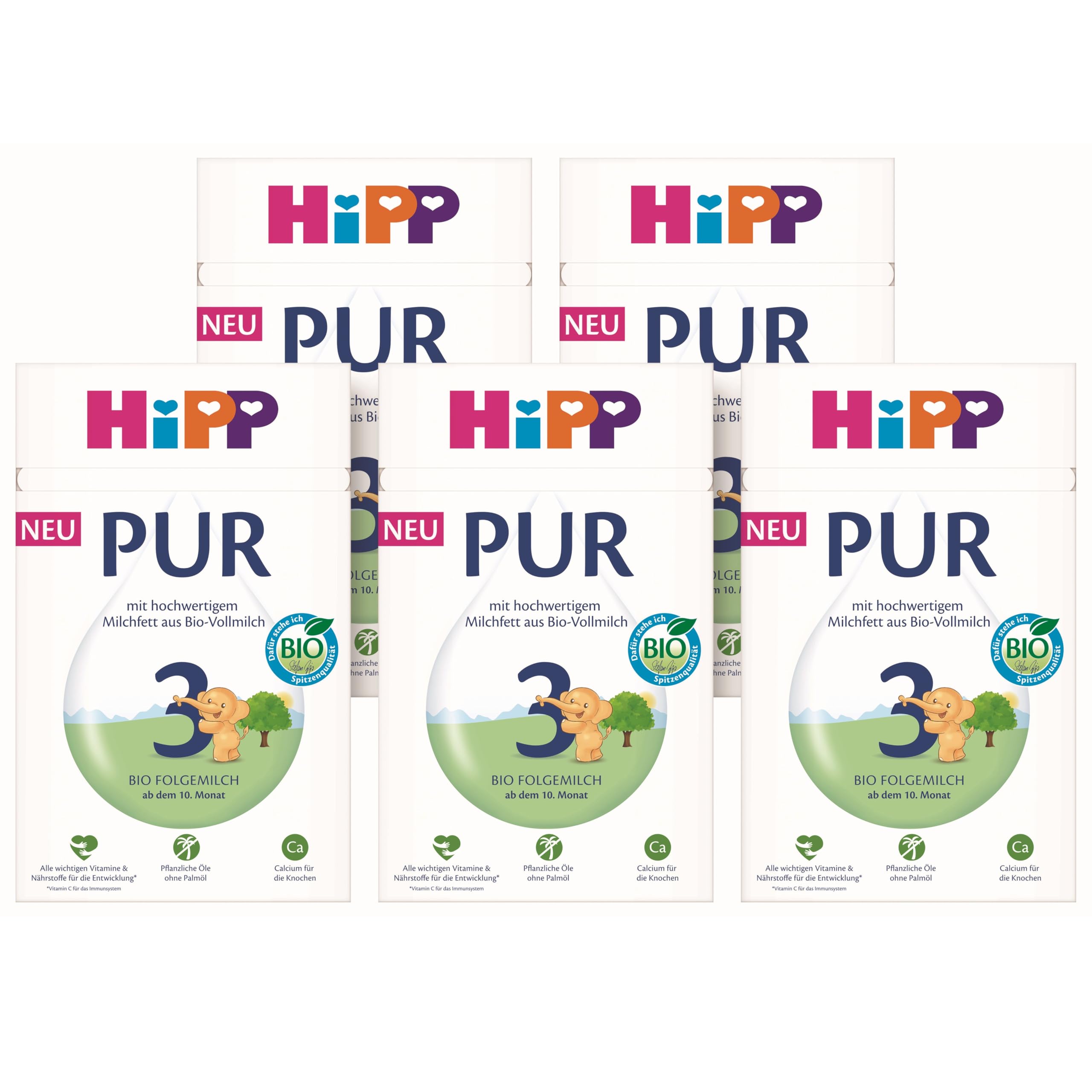 HiPP 3 PUR Folgemilch (5 x 500g), ab 10. Monat, mit hochwertigem Milchfett aus Bio-Vollmilch-Qualität, ohne Palmöl, mit wichtigen Vitaminen & Nährstoffen, Omega-3 (DHA, ALA)