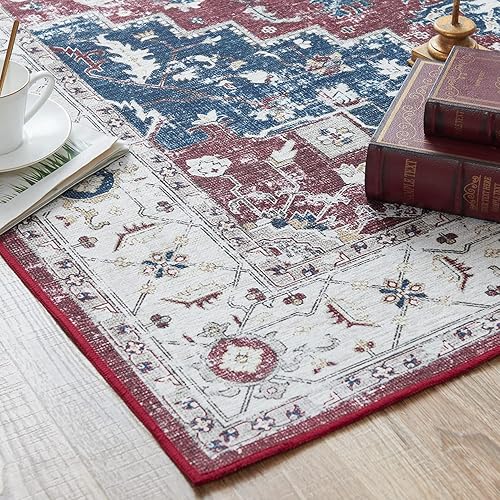 Miniatura 6 de jinchan Alfombra lavable de pelo bajo de 5 x 7 pies, estilo bohemio, tribal para dormitorio, resistente a las manchas, ultrafina, antideslizante,