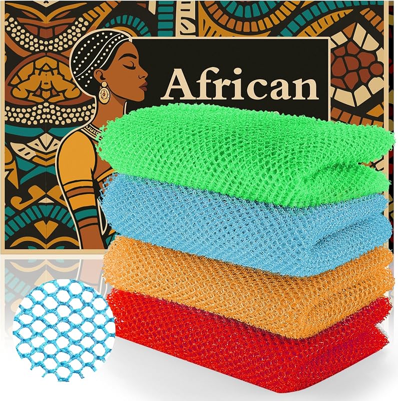 Esponja de banho de rede africana SpiralScgv, nylon, 4 unidades, Vermelho, Laranja, Azul-céu e Verde
