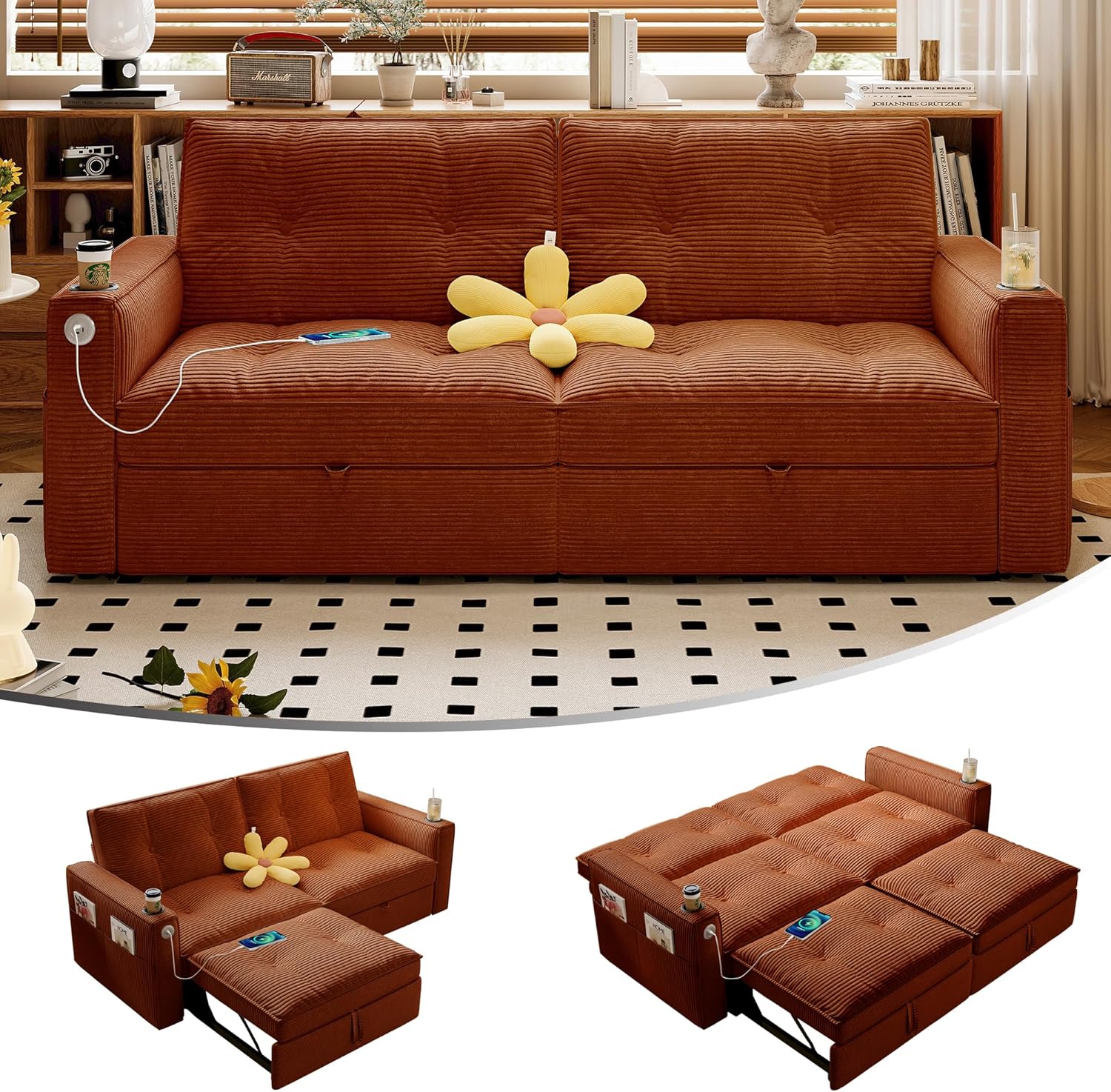 73.2'' Futon Sofa Bed Full, Pre-assembled Pull Out Couch, Adjustable Backrest, Corduroy Convertible Sleeper Sofa, 2 Cup Holders, Pockets, USB, Loveseat for Living Room, Apartment, Burnt Orange | Soft Material, Storage Bag, Chaise Lounge