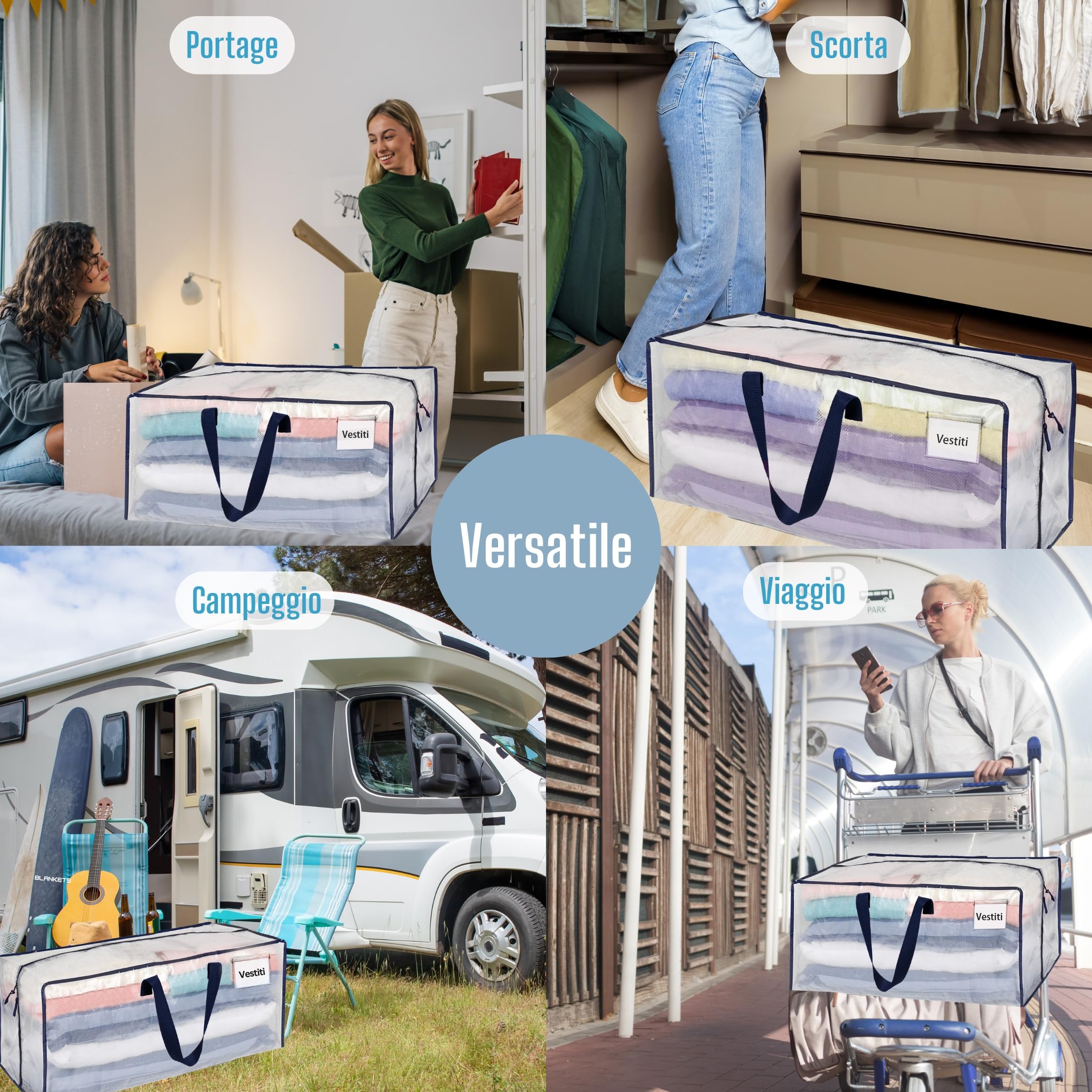 VENO Set da 4 Borse da trasloco extra large, Scatoloni per trasloco con cinghie per zaino, zip e manici resistenti, Scatole per armadio per riporre oggetti, piumoni, vestiti (Trasparente, Set da 4)
