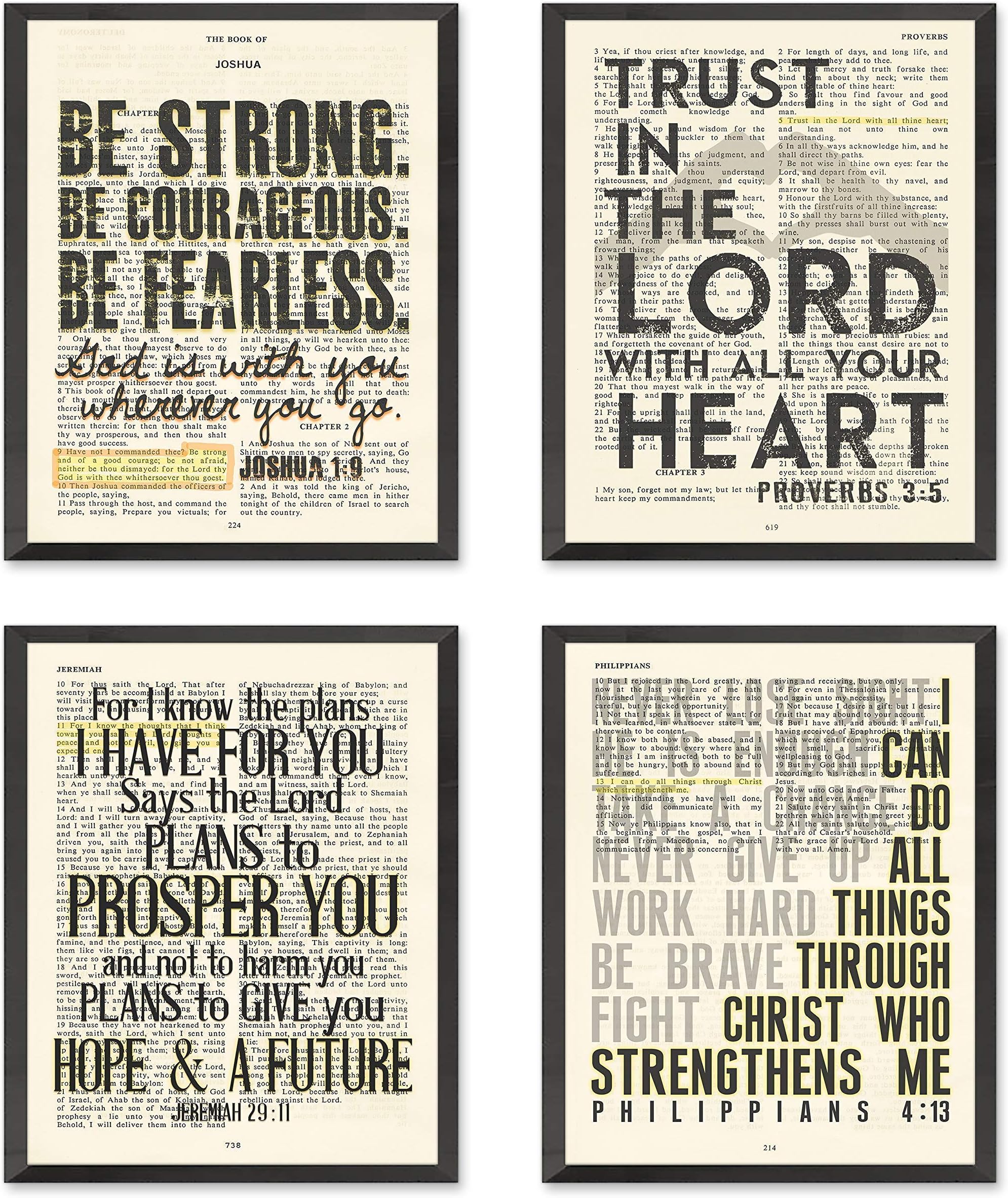 Joshua 1:9, Proverbs 3:5, Jeremiah 29:11, Philippians 4:13 Christian Art Prints, Set of 4, Unframed, Bible Verse Scripture Wall Decor Poster, 8x10 Inches