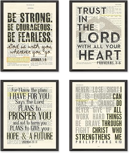 Joshua 1:9, Proverbios 3:5, Jeremías 29:11, Filipenses 4:13 impresiones de arte cristiano, juego de 4, sin marco, versículo bíblico para decoración