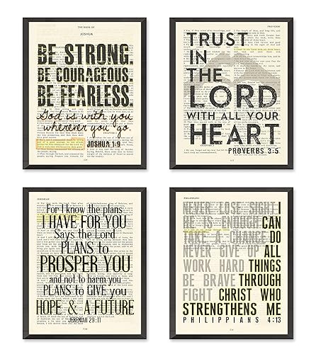 Joshua 1:9, Proverbs 3:5, Jeremiah 29:11, Philippians 4:13 Christian Art Prints, Set of 4, Unframed, Bible Verse Scripture Wall Decor Poster, 8x10