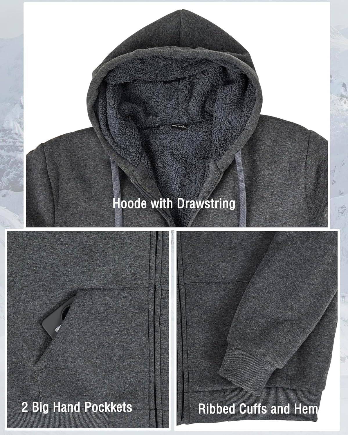 Vividpoint Men's Zip Up Fashion Full Sherpa Hoodies Fleece Lined Jacket Winter Warm Coat Heavyweight Sweatshirts