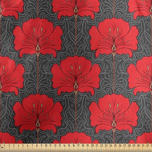 Miniatura 2 de Lunarable Garden Fabric by The Yard, Romantic Art Nouveau Blossoming Flowers Retro Revival Spring Design, Decorative Satin Fabric for Home Textiles