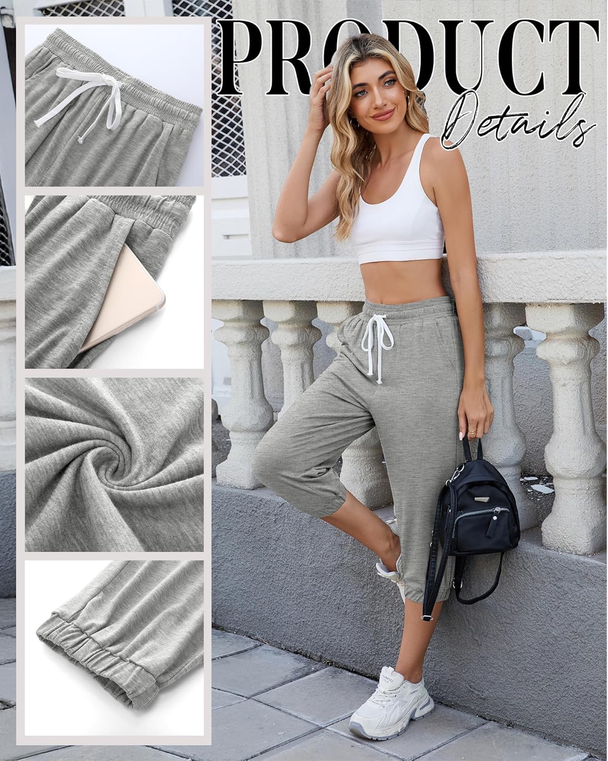 Ficerd 3 Pcs Women's Capri Sweatpants Joggers Summer Casual Sports Cropped Lounge Pants High Waisted Athletic with Pockets - Image 6