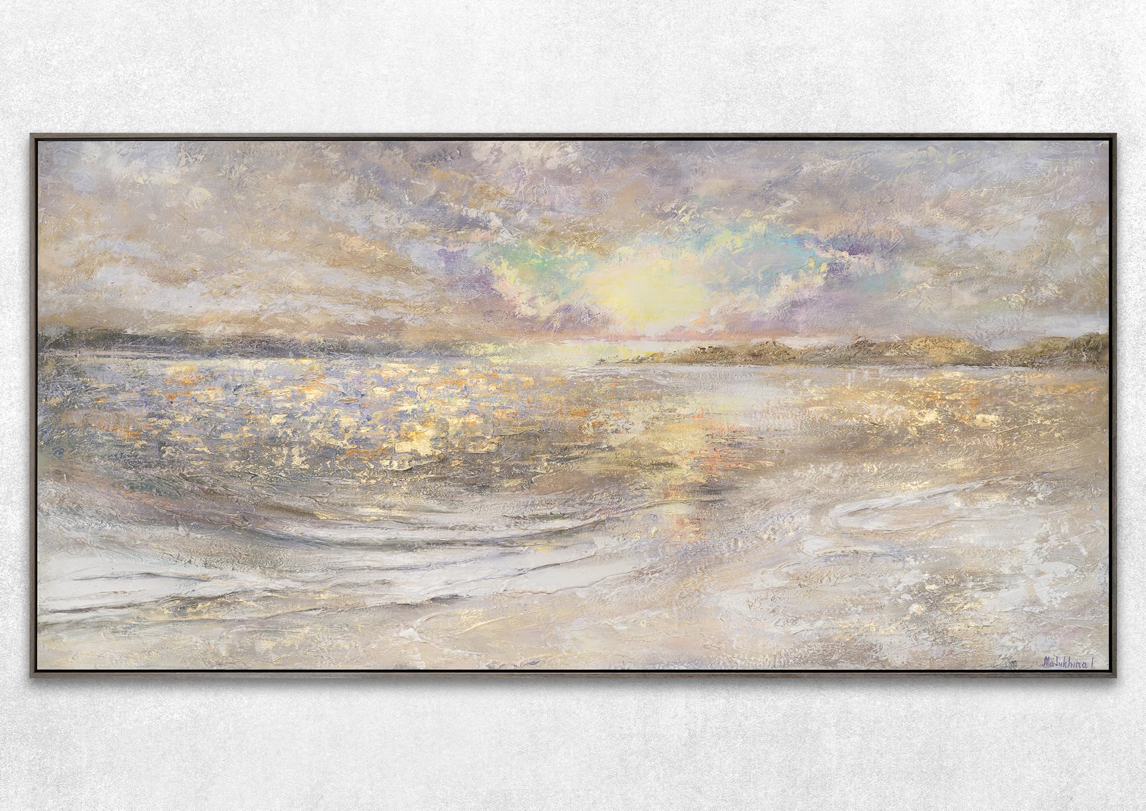 YS-Art Abstrakt Acryl Gemälde auf Leinwand handgemalt Meer Dämmerung Wandbilder Wohnzimmer moderne kraftvolle Natur Wohndekor Bilder echte Kunst mit Rahmen 160x80 cm