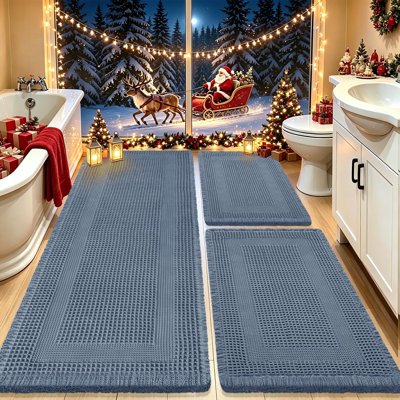 IM HOME Upgrade Waffle Bath Mat Set 3 Piece, Boho Bathroom Rugs Absorbent Non Slip, Soft Bathroom Mats, Machine Washable Knit Bath Rugs with Tassels for Bathroom, Bedroom, Kitchen, Shower, Tub, Blue
