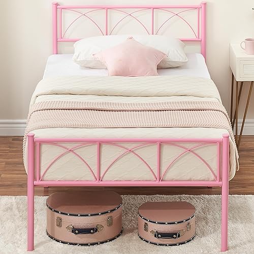 Miniatura 7 de GAOMON Base de cama tamaño individual rosa con cabecera y estribo, estructura de soporte firme, marco de cama de plataforma de metal, no necesita