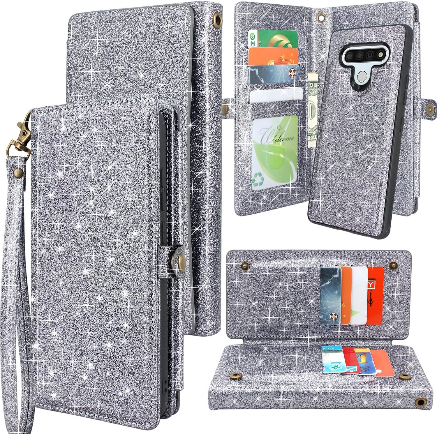 Harryshell Detachable Magnetic 12 Card Slots Wallet Case PU Leather Flip Protective Cover Wrist Strap for LG Stylo 6 (Bling Grey)