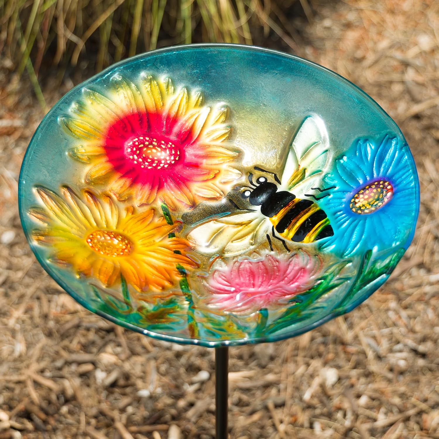 Alpine Corporation 25" Tall Outdoor Glass Birdbath Stake with Flowers and Bee Accent, Garden Decor, 10" Round, Yellow