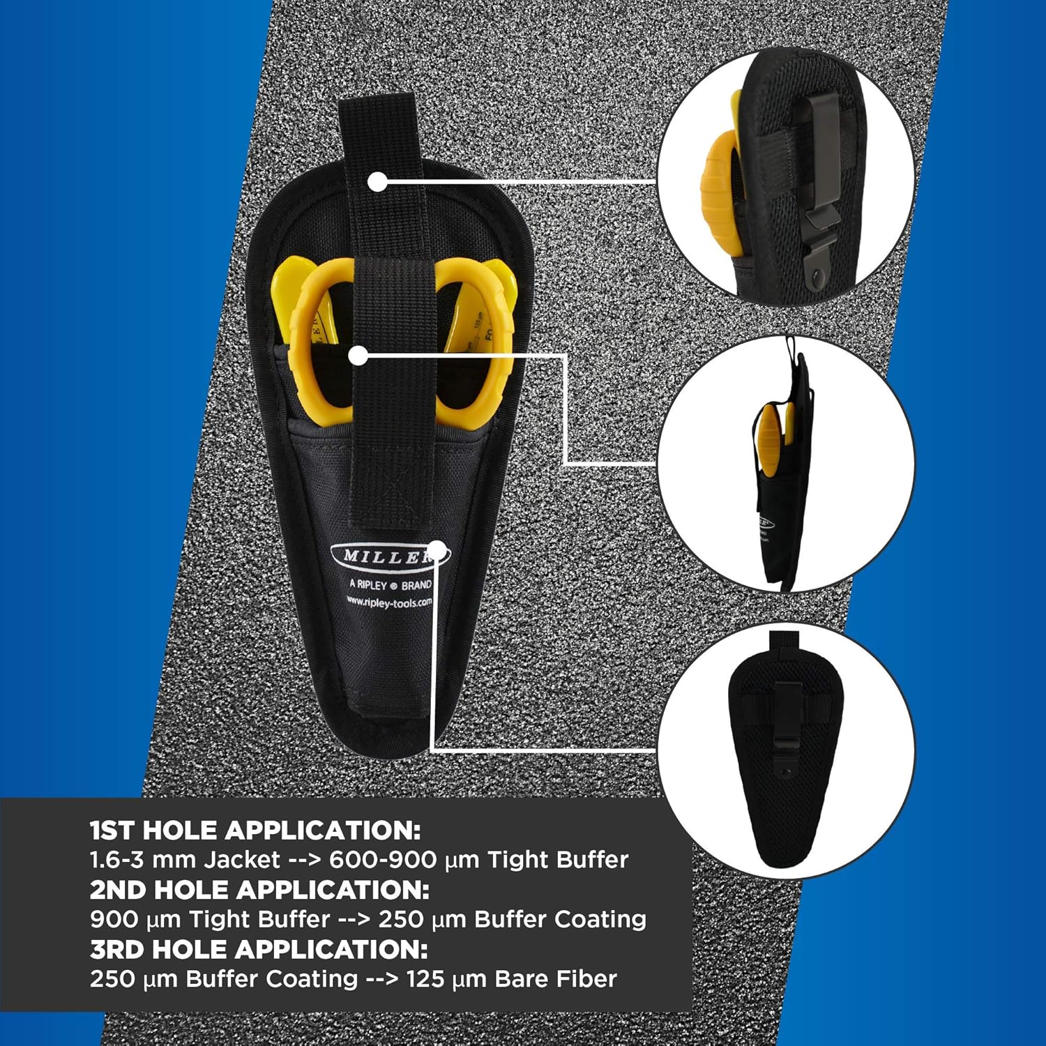 Miller MA01-7000 Kit, FO 103-T-250-J 3-Hole Fiber Optic Cable Stripping Tool and KS-1 Kevlar Scissors, Easily Portable Tool Set with Belt Clip Pouch for Professionals