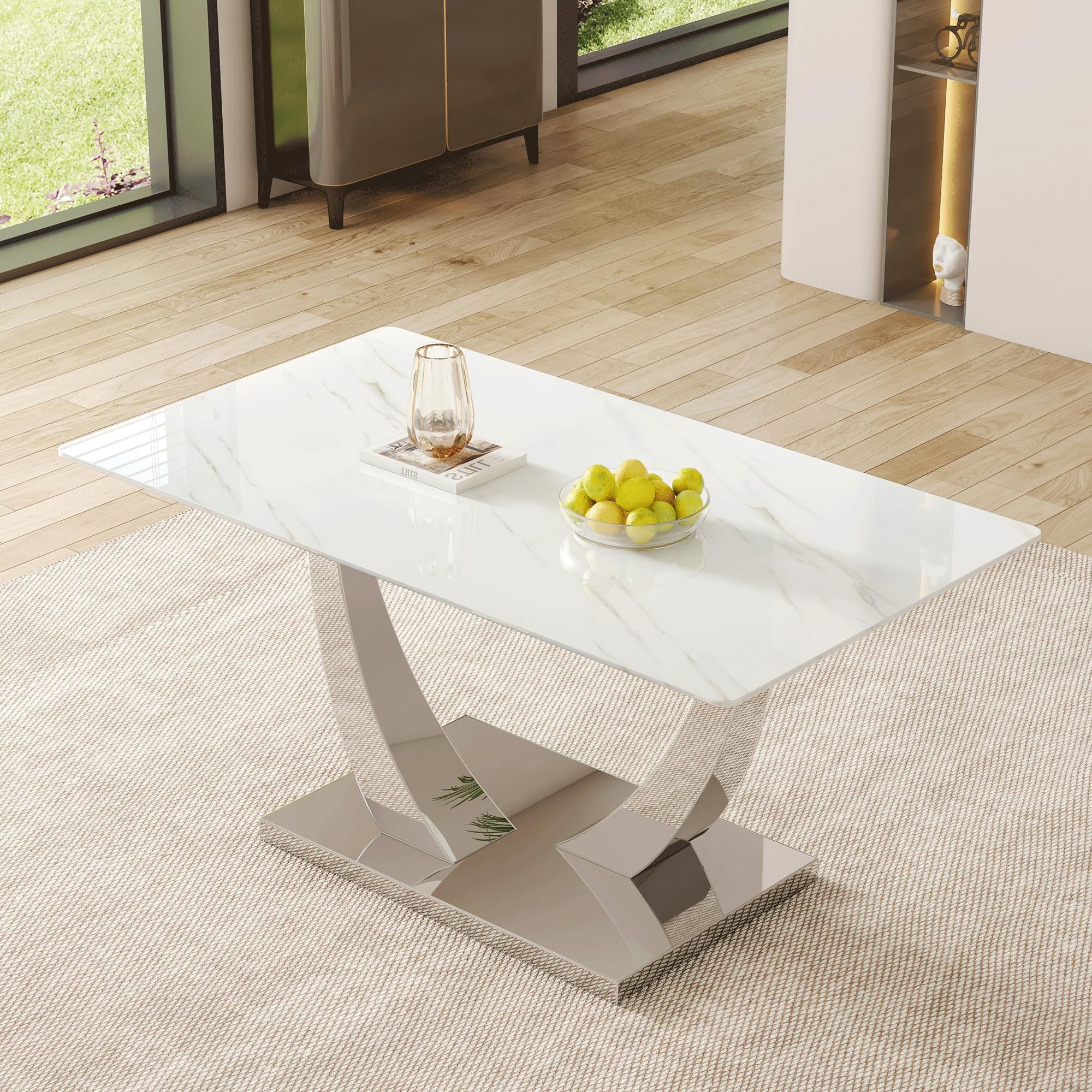 Faux Marble Dining Table, White Dining Room Table for 4-6, Silver Kitchen Table for Dining Room,Tempered Glass Top with Silver Rectangular Base