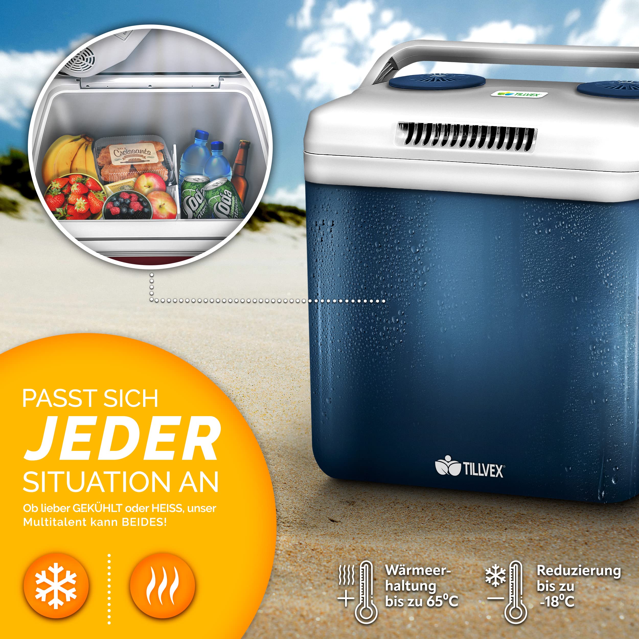 tillvex Kühlbox elektrisch 32L | Mini-Kühlschrank 230 V und 12 V für KFZ Auto Camping | kühlt & wärmt | ECO-Modus