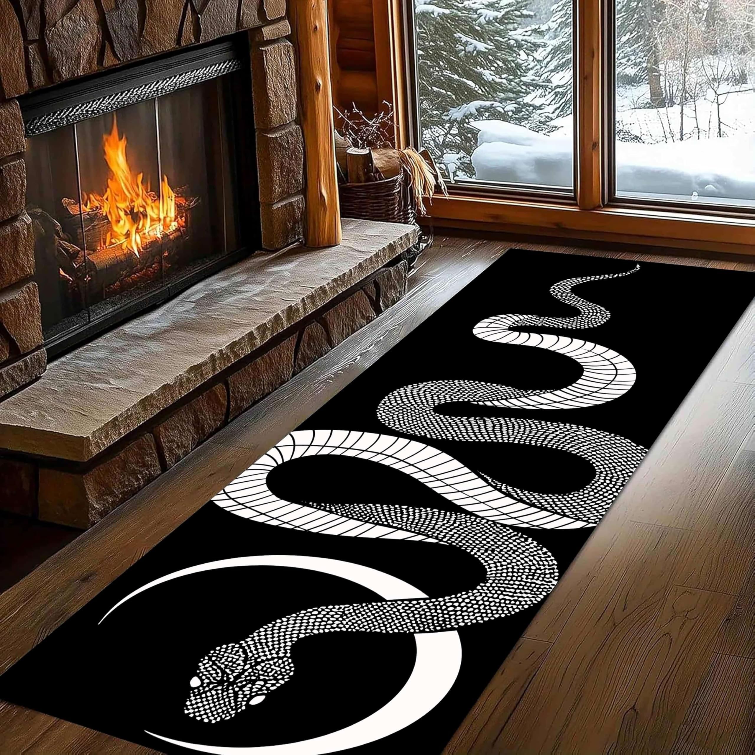 Snake Washable Runner Rug, 60 x 240 cm boa Moon White Spots Long area Rugs, Modern Non-Slip Low Pile Non-shedding Wildlife Black White Gothic Floor mat for Hallway Dining Room Bedroom Indoor Carpet