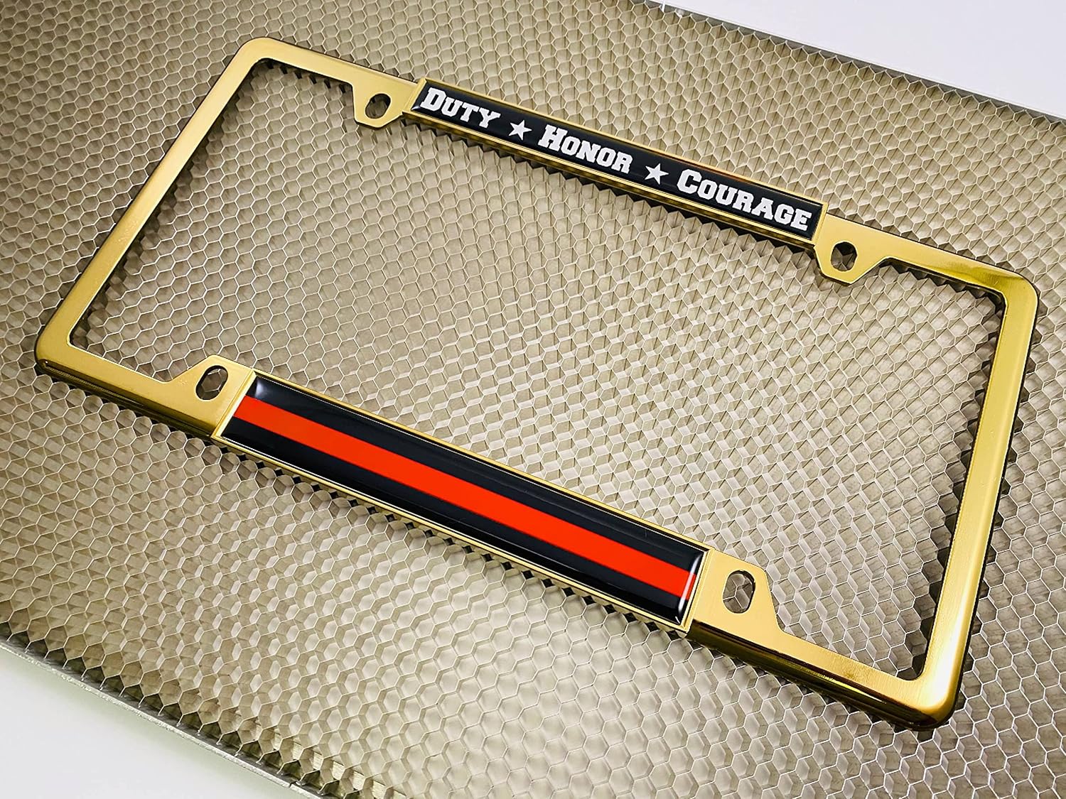 Support Firefighters Duty Honor Courage Thin Red Line (Stripe) - Domed Custom-Made Personalized Narrow (Thin) Top 4 Hole Metal Car License Plate Frame with Free caps - Gold (Quantity: 1 Frame)