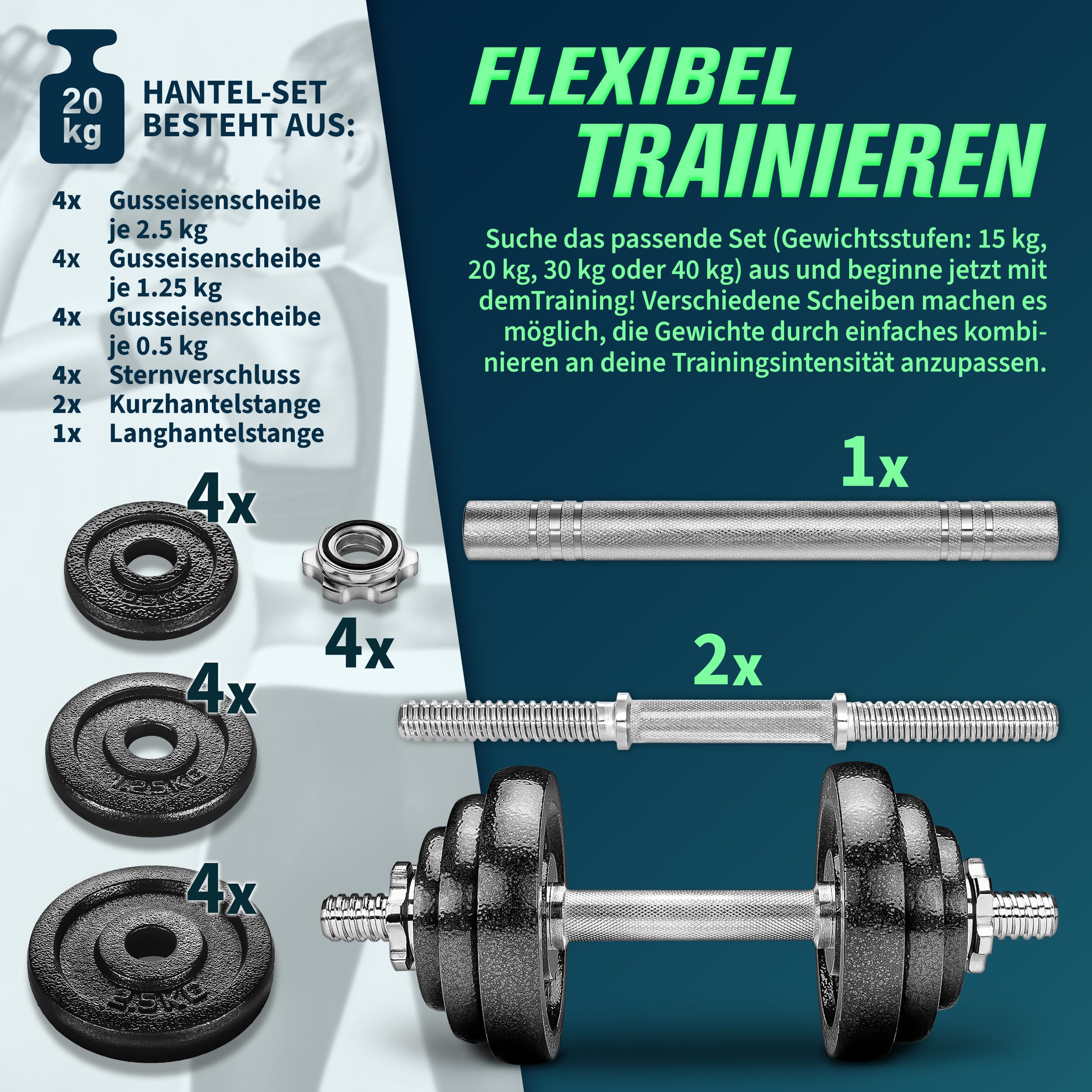 RE:SPORT 2 in 1 Hanteln Set 15-60kg | Hantelset Gusseisen verstellbar | Kurzhantel & Langhantel | Sternverschlüsse & Verbindungsrohr