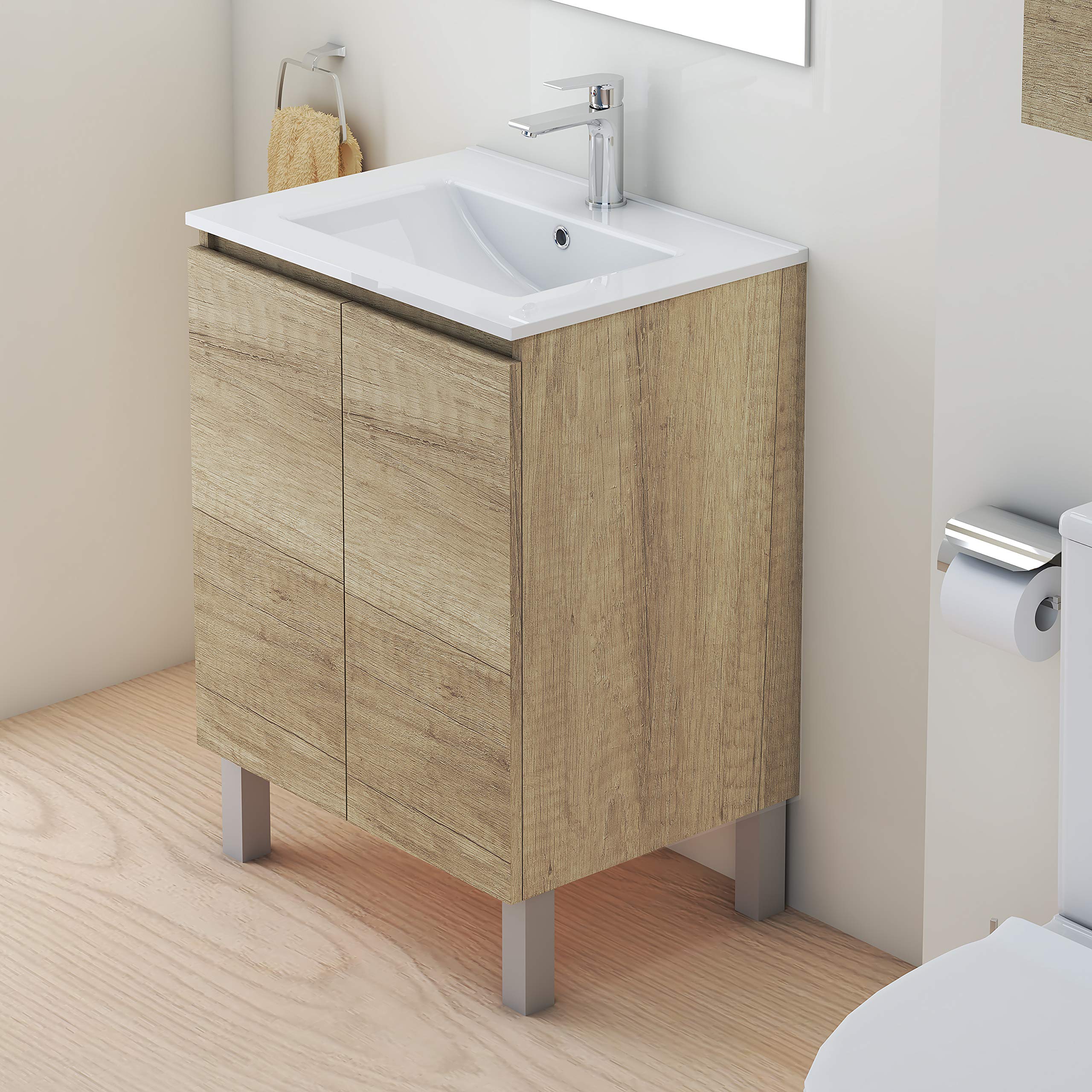 Baikal Conjunto Mueble de Baño con Lavabo y Espejo con Aplique LED con Patas, en Varios Acabados, Melamina 16. 2 Puertas 60 cm Nature
