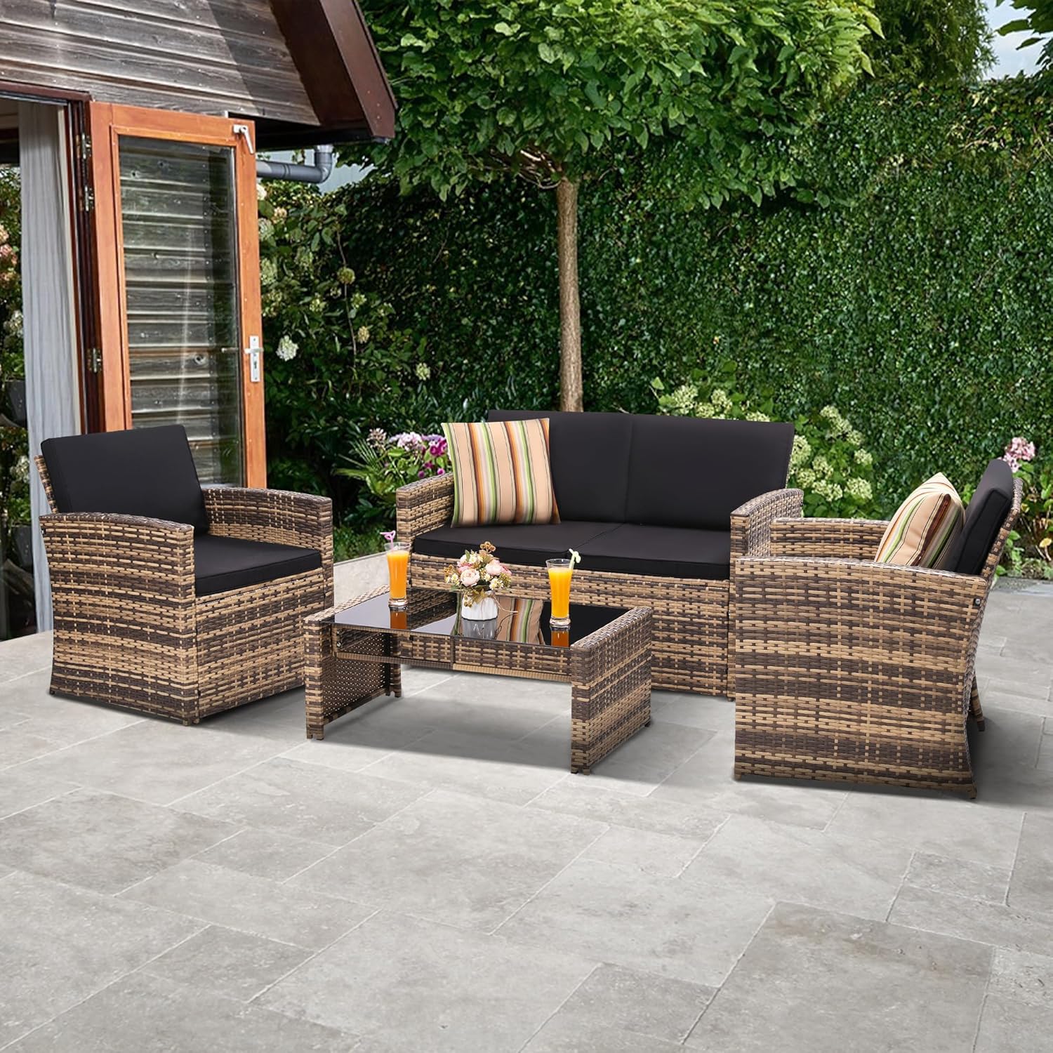 KROFEM 4-Piece Patio Furniture Set, Wicker Outdoor Rattan Sectional Sofa with Cushions and Glass Table, All-Weather Outdoor Conversation Set, Ideal for Garden, Porch, Backyard, Black