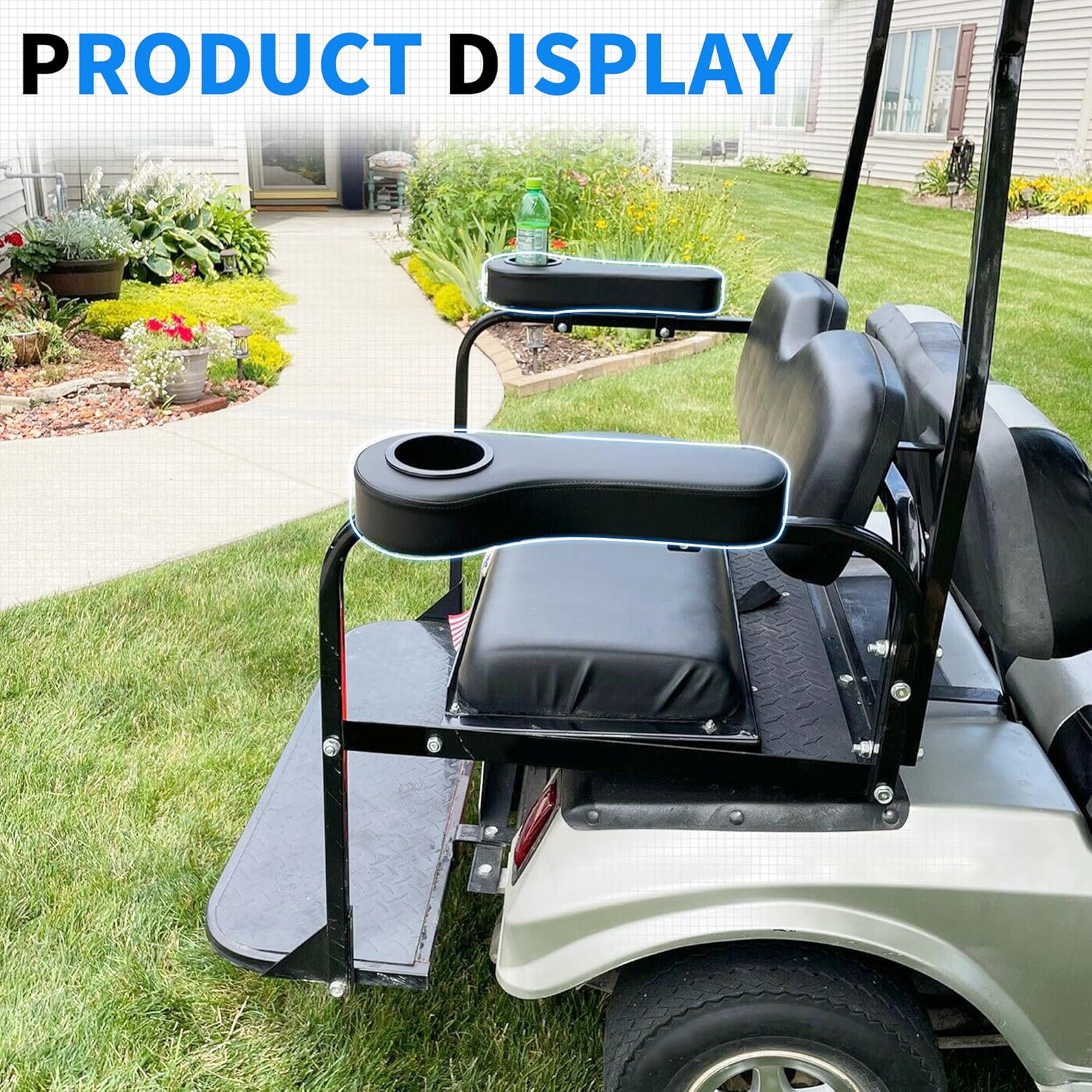 HECASA Universal Golf Cart Rear Seat Arm Rest with Cup Drink Holders Set Compatible with EZGO Club Car Golf Cart Yamaha Pair No Drilling Required Black