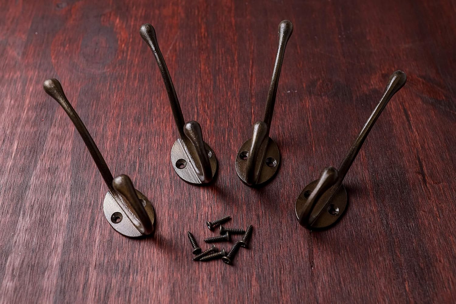 CRAFTSMAN ROAD Vintage Cast Iron Wall Hooks (Antique Brass Finish, Set of 4) - Rustic, Farmhouse Coat Hooks | Coats, Bags, Towels, Hats | Classic Slender