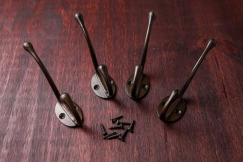 Miniatura 7 de CRAFTSMAN ROAD Ganchos de pared vintage de hierro fundido (acabado de latón antiguo, juego de 4)  Ganchos rústicos para abrigos de granja  Abrigos,