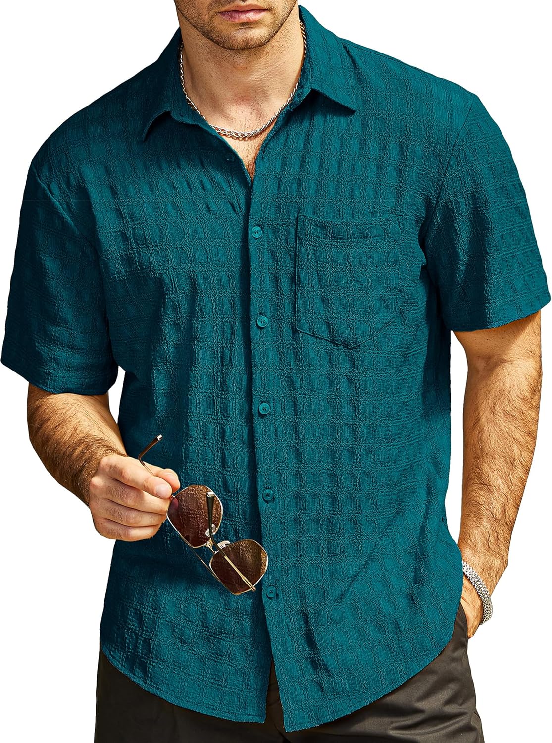 Mens Casual Button Down Short Sleeve Shirt Textured Vacation Shirts Beach Hawaiian Summer Wedding Shirts with Pocket