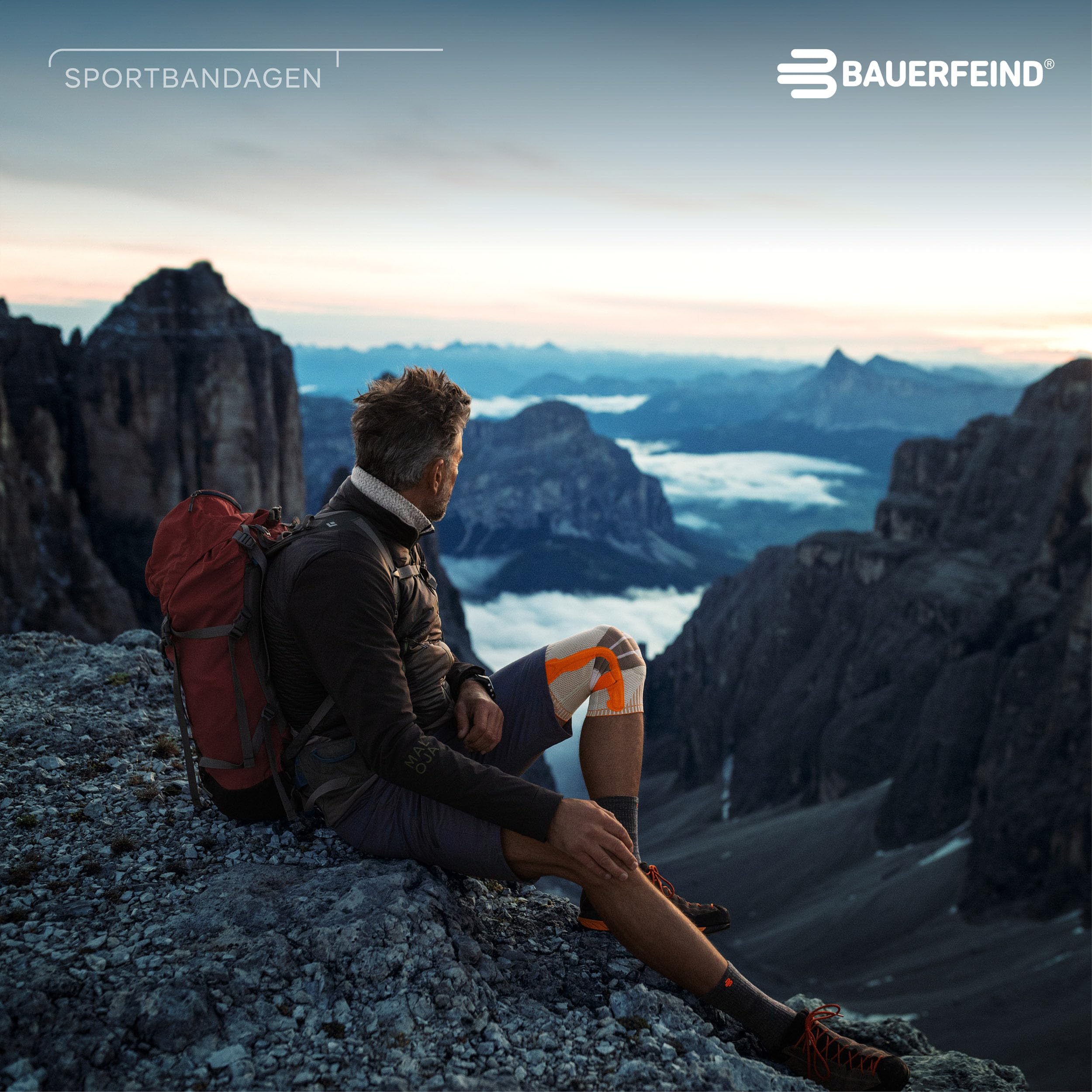 BAUERFEIND Kniebandage zum Wandern „Outdoor Knee Support“, 1 Unisex Wanderbandage zur Wanderausrüstung, Rechts & Links tragbar, Individuell einstellbarer Strap, Merino Wolle