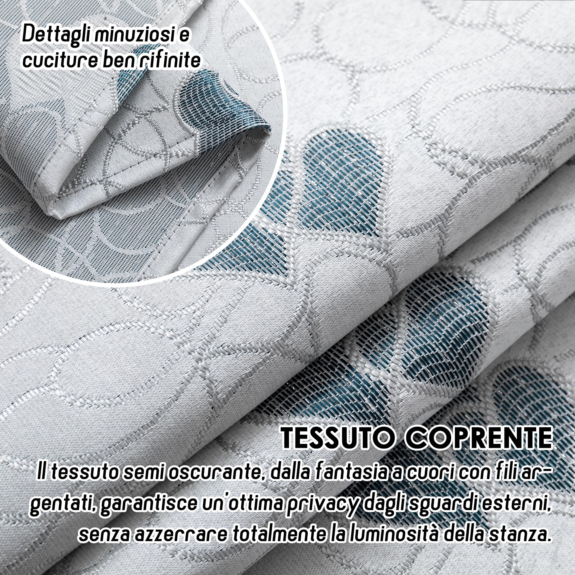 Tende Semi Oscuranti Girasole Con Motivo Cuori E Fili Argento - 2 Pannelli 70x145cm - Tasca Per Asta