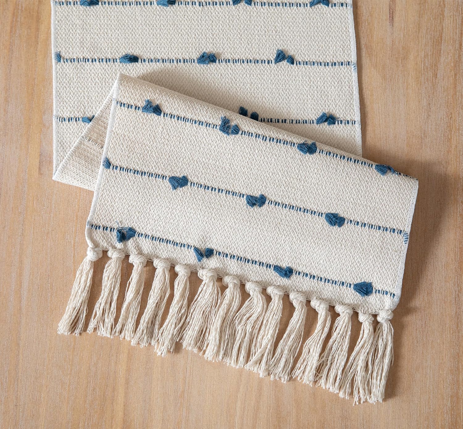 Caflife Boho Table Runner 60 Inchs Long for Modern Farmhouse Room Home Decor, Blue and Beige Coffee Table Runner, Natural Cotton Woven with Tassels Neutral, for Kitchen Dining Table Decor