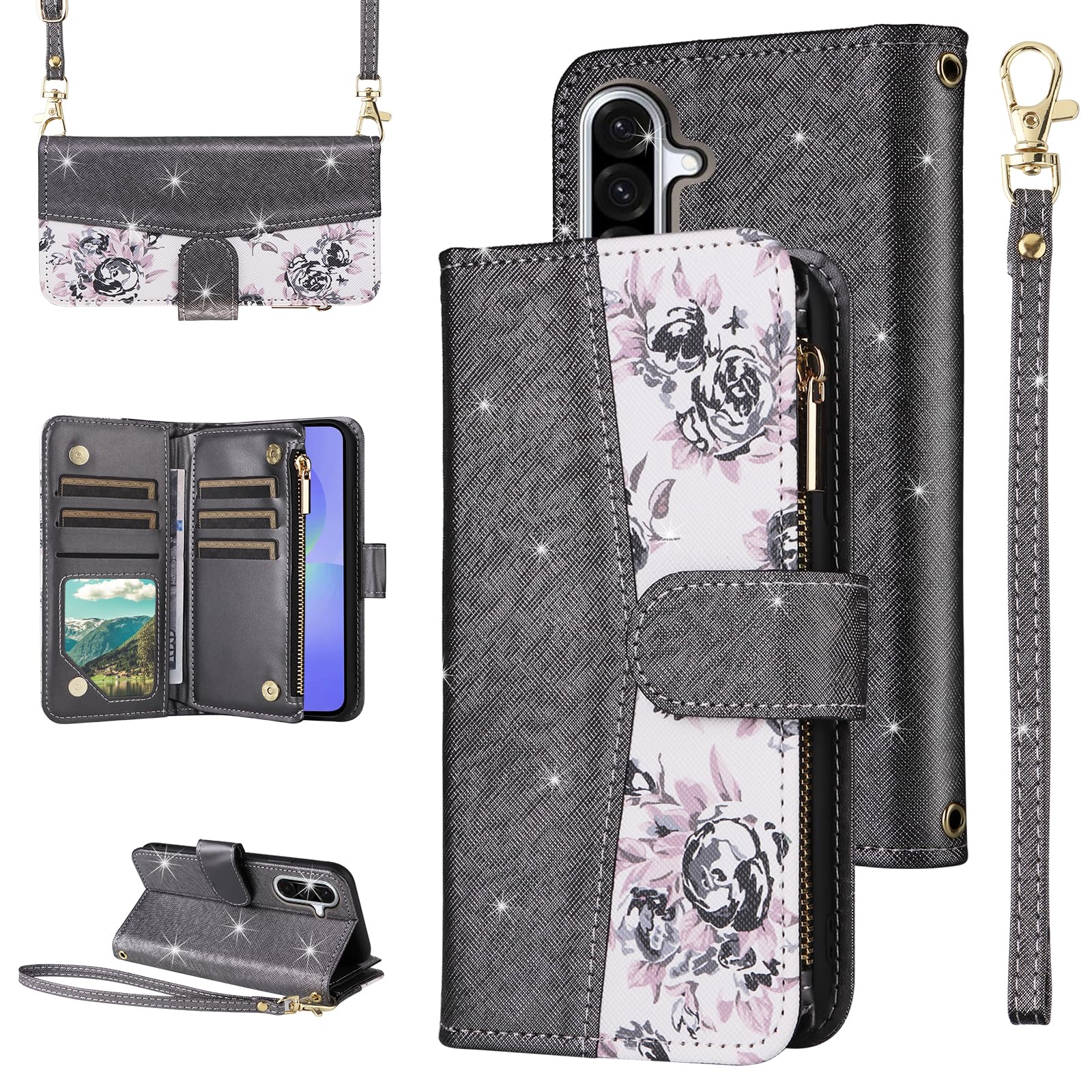 Furiet for Samsung Galaxy A36 5G Floral Wallet Case with Flip Zipper Purse Wrist/Shoulder Strap, Luxury Glitter PU Leather Card Holder Stand Cell
