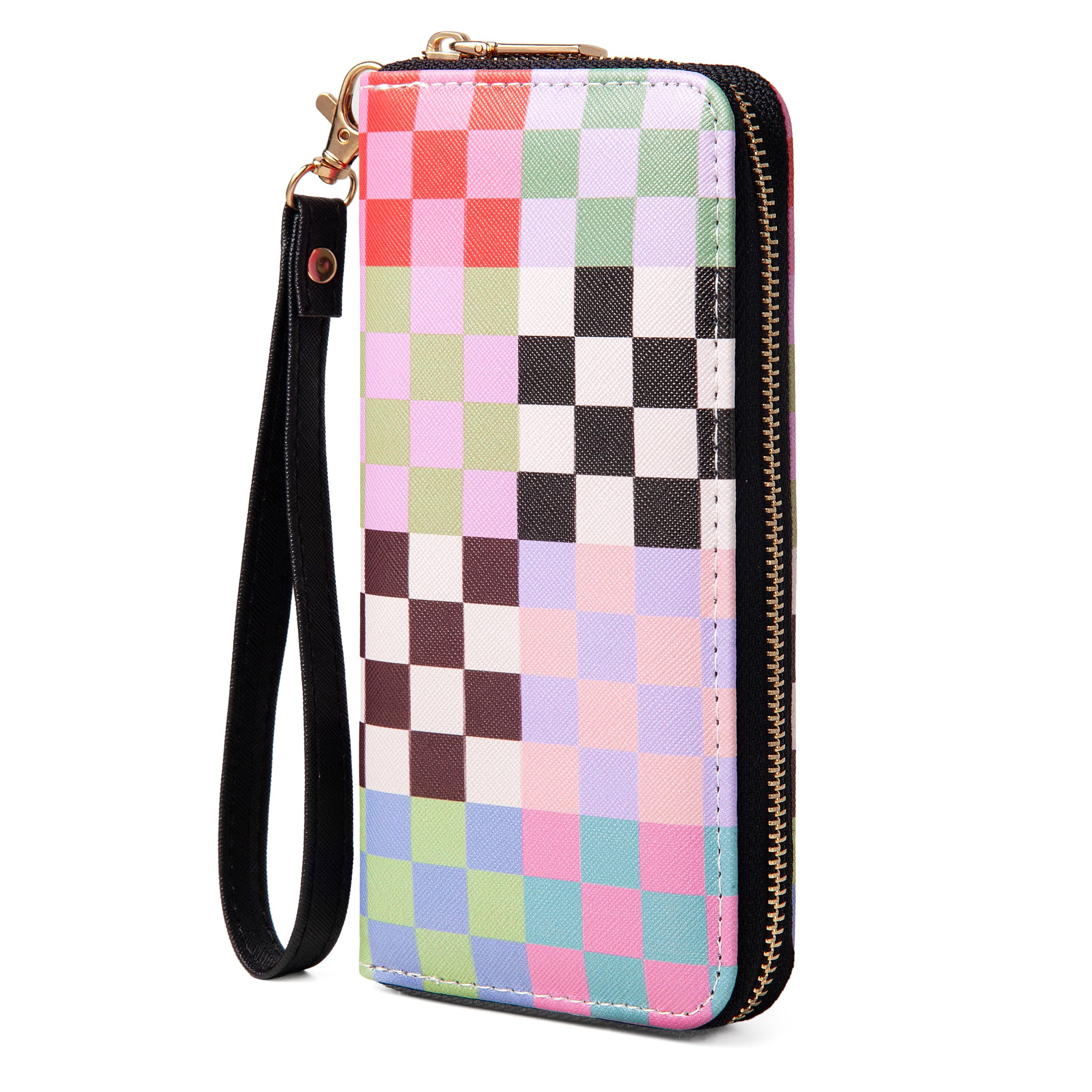 Colorful Checkered Wallet for Women, Zip Around Wristlet Wallet