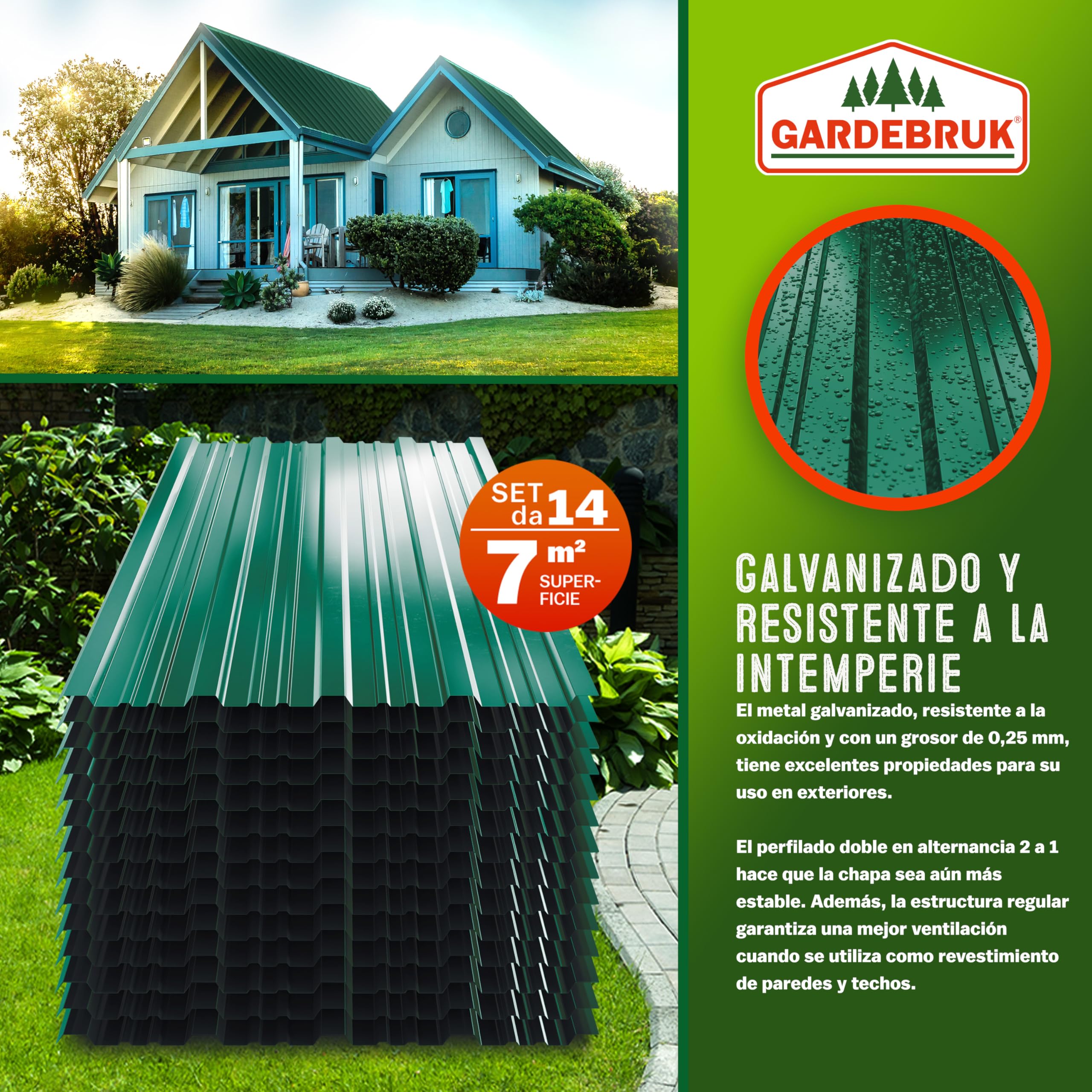 GARDEBRUK® 14x Paneles Tejado Trapezoidales, 110x46cm = 7m², Placas Galvanizadas, Chapas Onduladas Perfiladas Sandwich, Sin Agujeros, Verde, Garage Caseta Cobertizo Construcción, Fácil Montaje