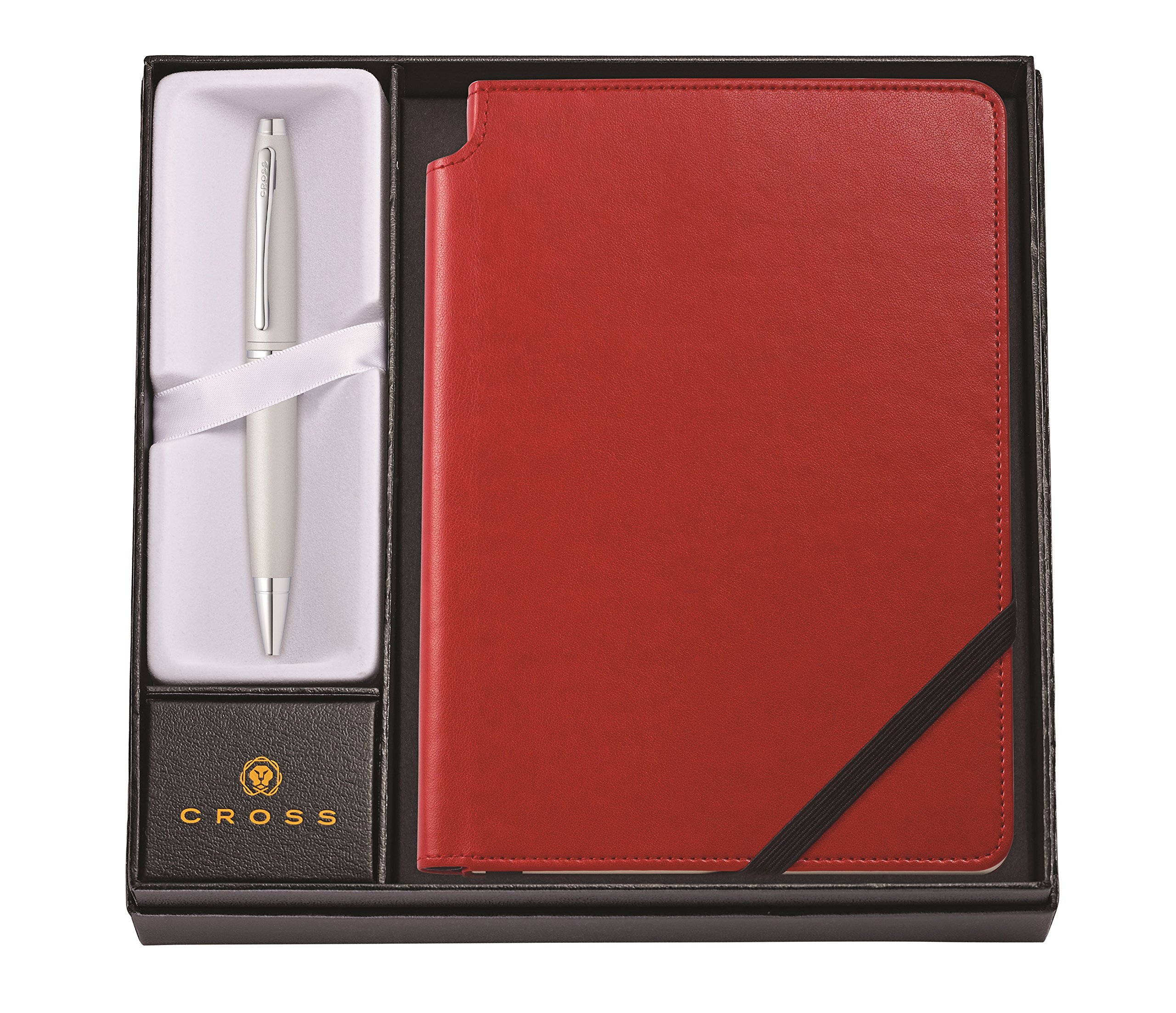 Cross Calais Kugelschreiber (Drehmechanik, mit rotem Journal Notizbuch als Geschenkset) Satin-Chrom